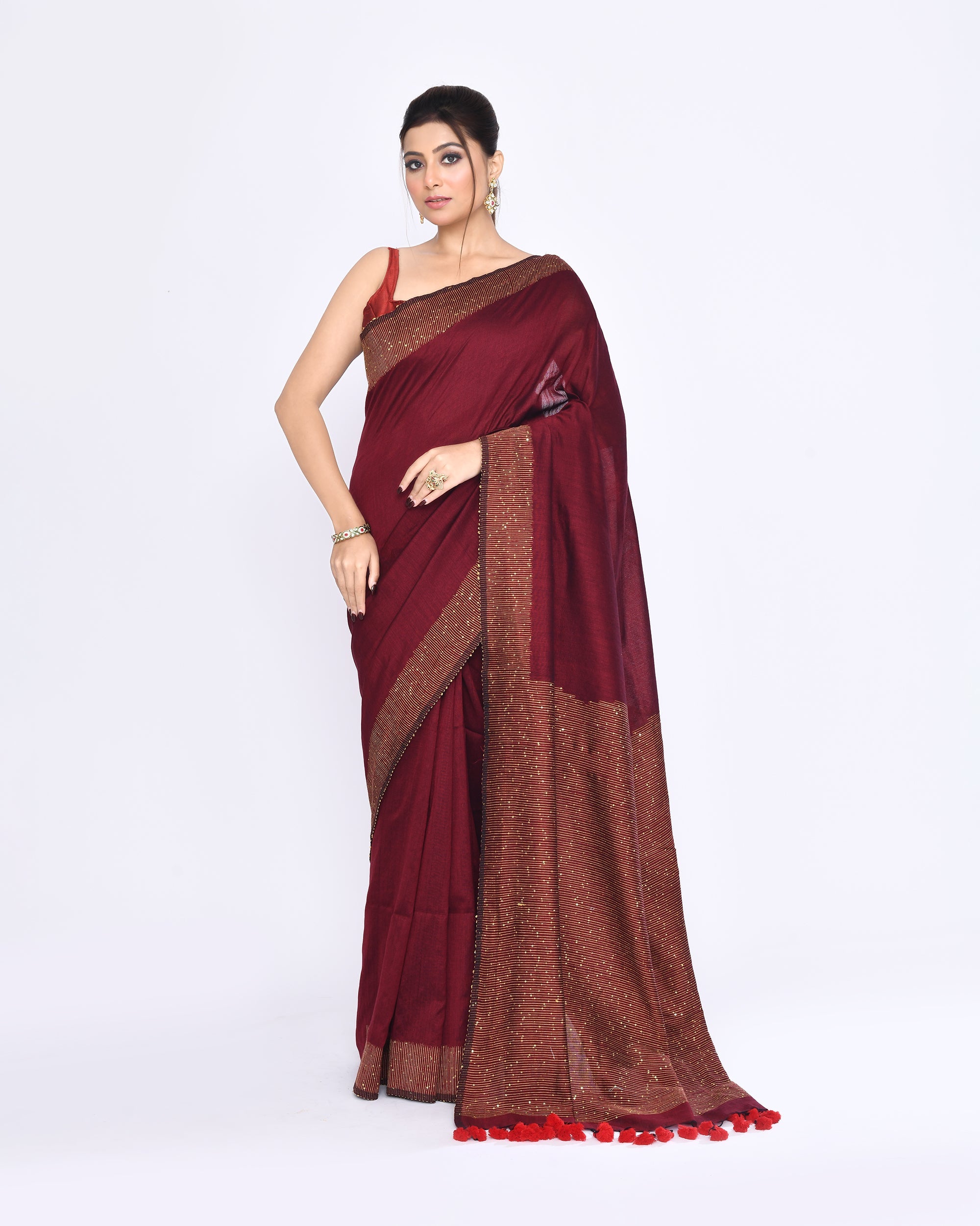 Maroon Embellished Sequined Cotton Saree