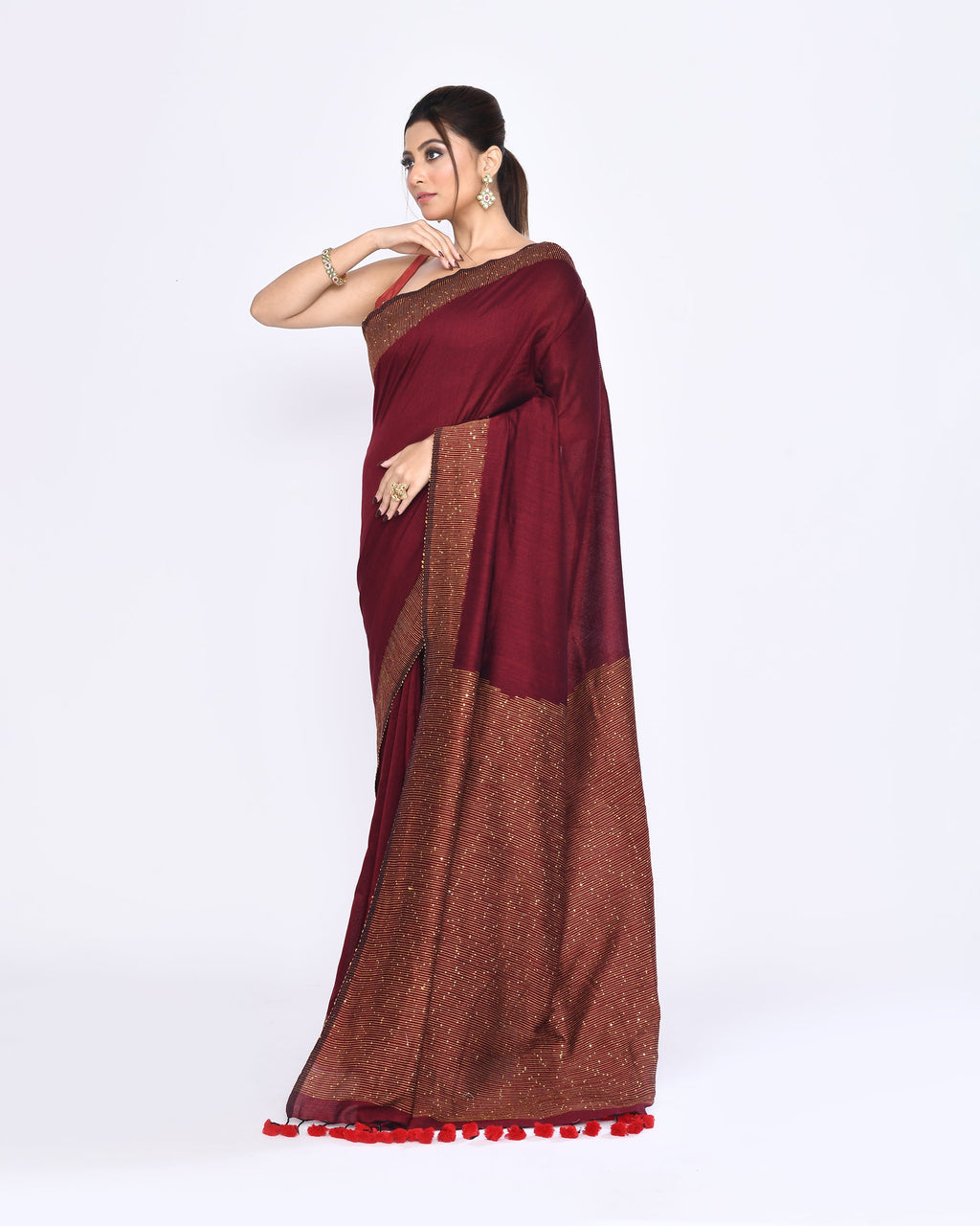 Maroon Embellished Sequined Cotton Saree