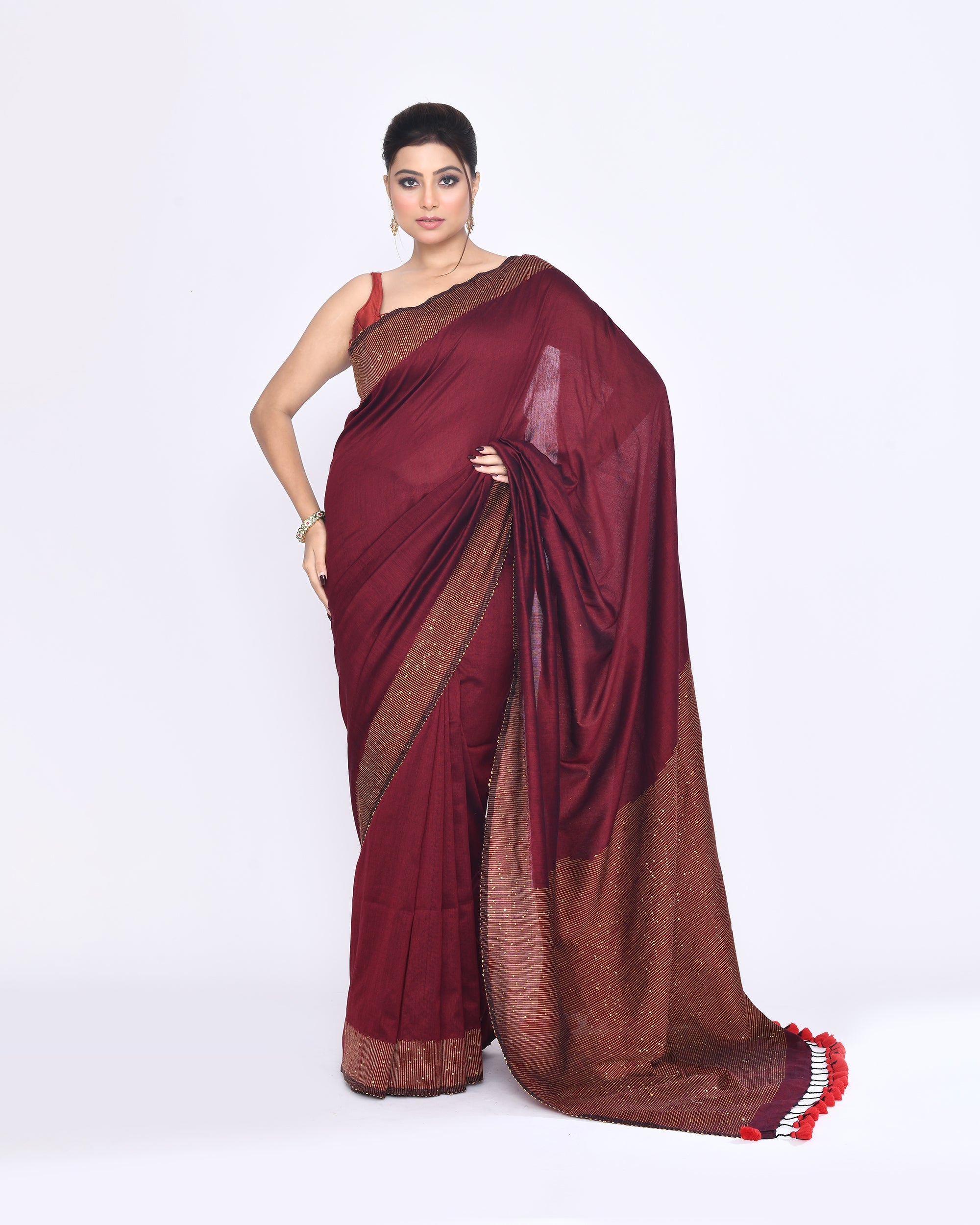 Maroon cotton saree with sequin embellishments