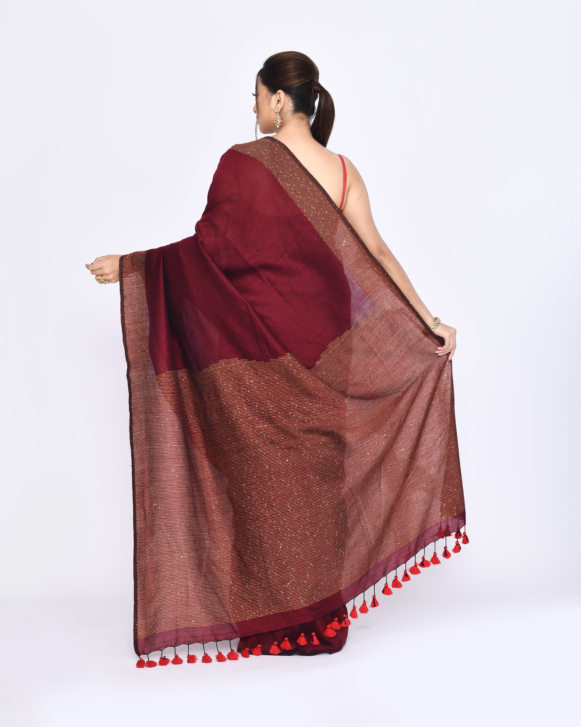 Maroon Embellished Sequined Cotton Saree