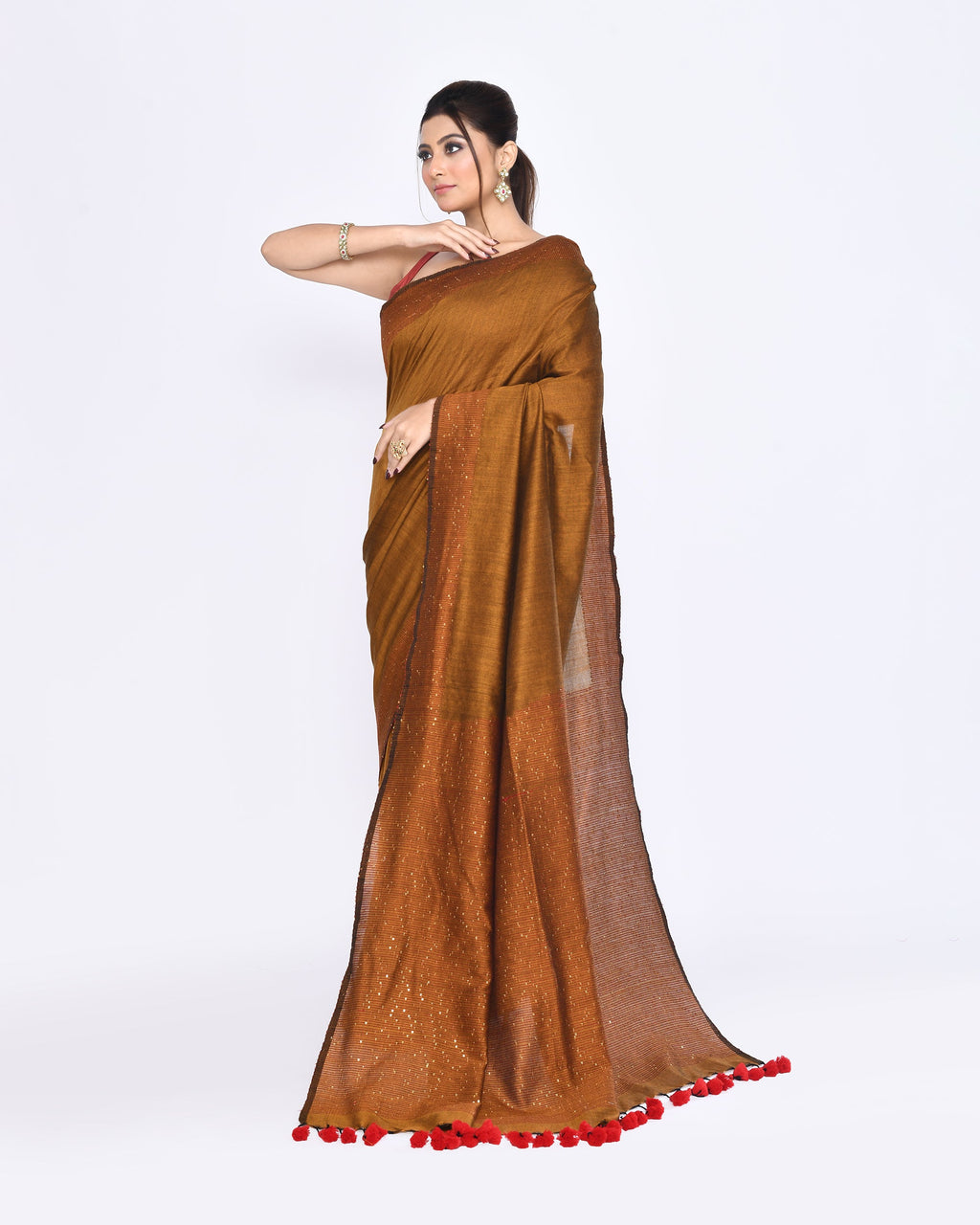 Bronze Embellished Sequined Cotton Saree for Festive Occasions