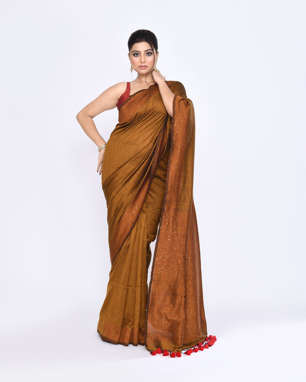 Bronze Embellished Sequined Cotton Saree for Festive Occasions