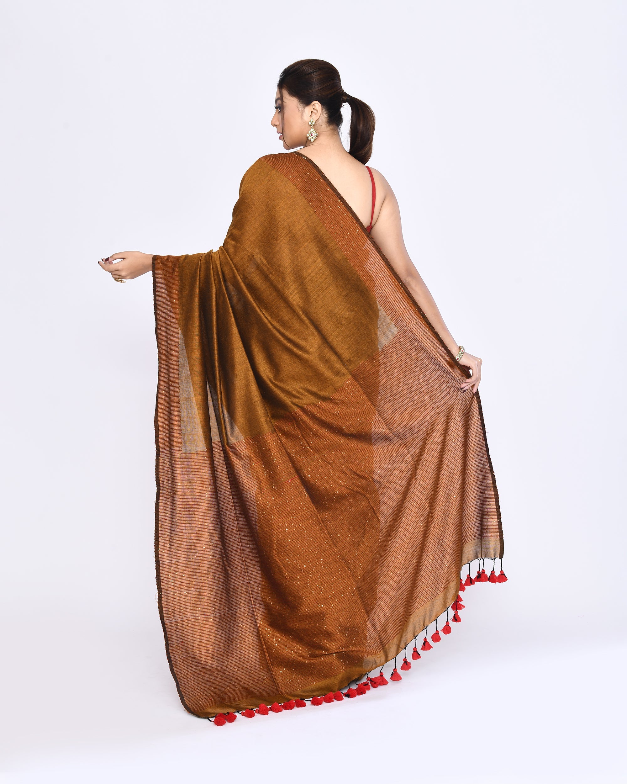 Bronze Embellished Sequined Cotton Saree for Festive Occasions