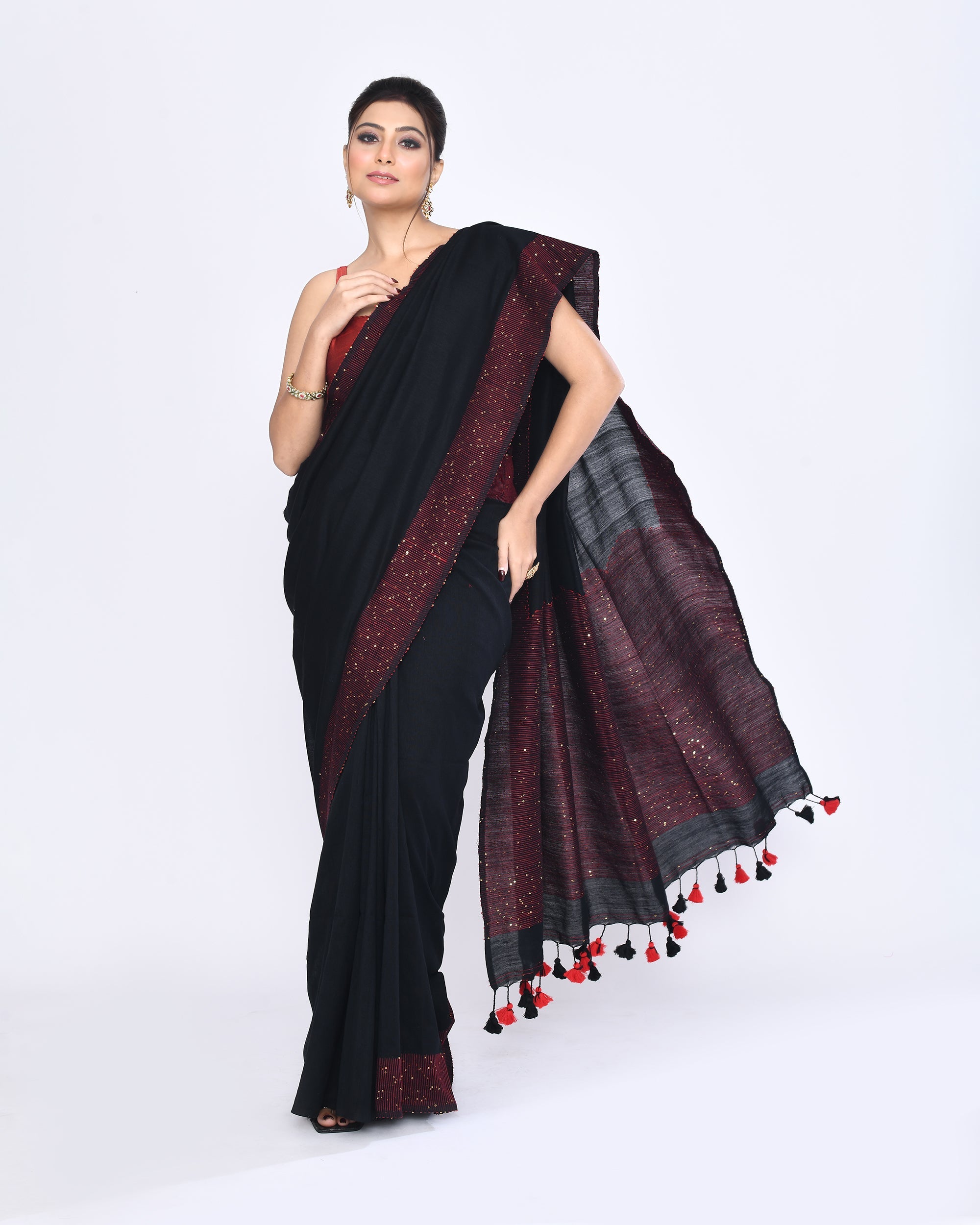Piyari Fashion Women's Black Embellished Sequined Cotton Saree