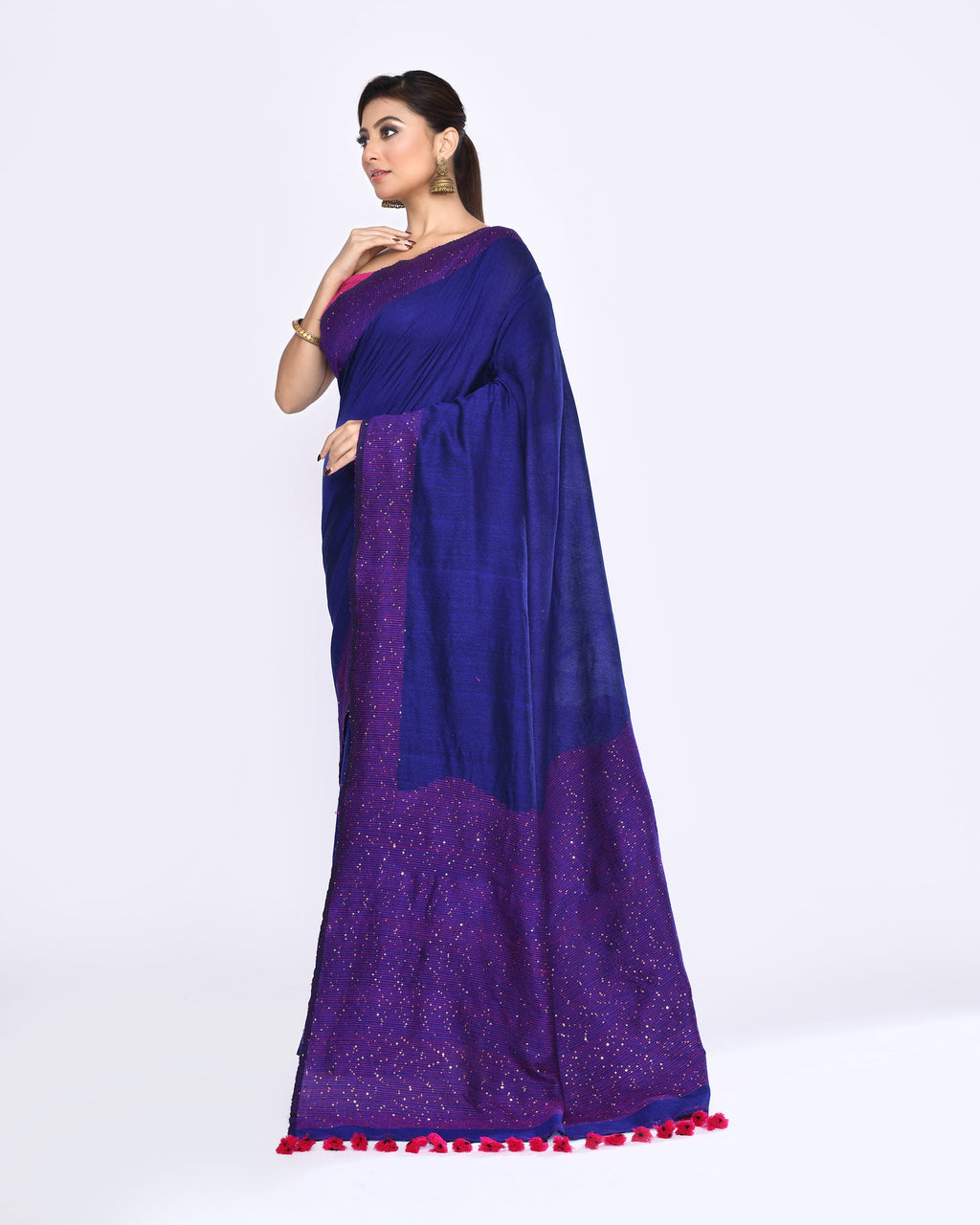 Blue Embellished Sequined Cotton Saree