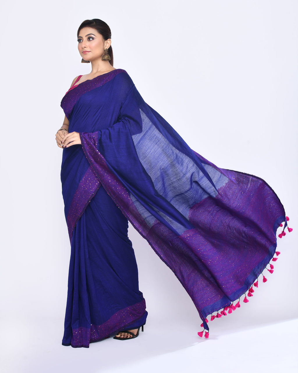 Blue Embellished Sequined Cotton Saree