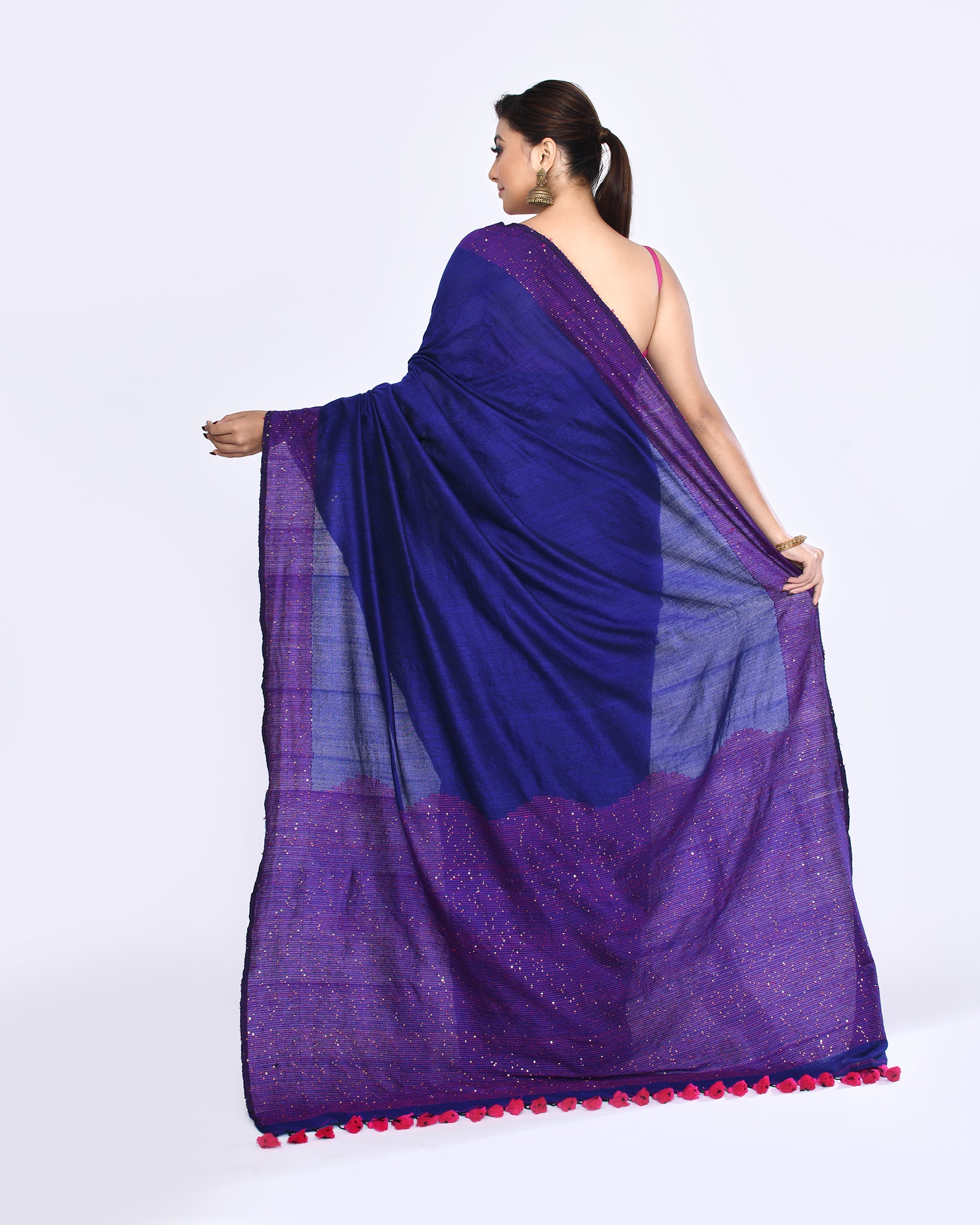 Blue Embellished Sequined Cotton Saree
