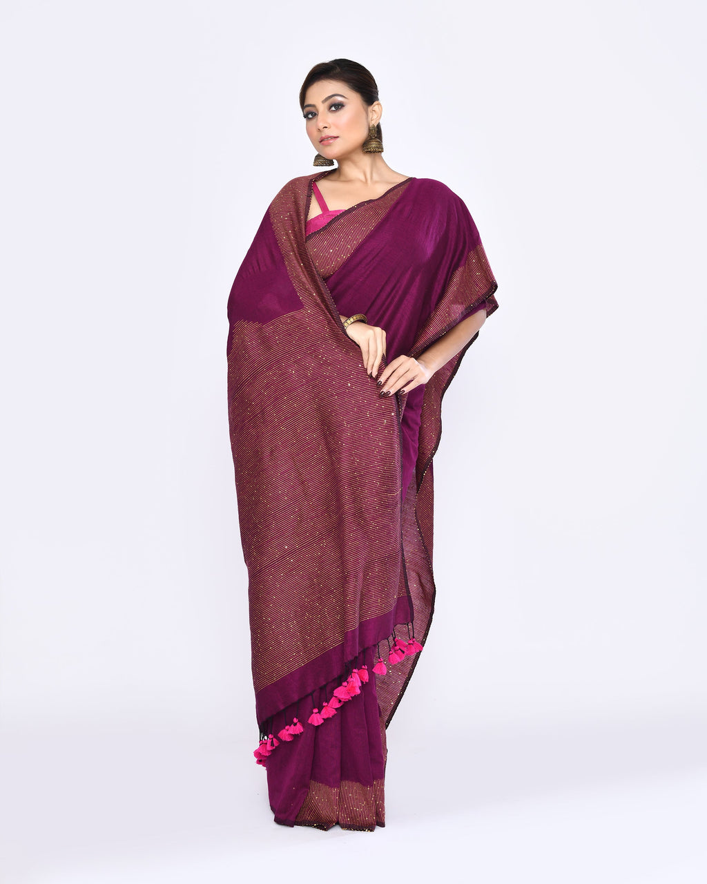 Magenta Embellished Sequined Cotton Saree