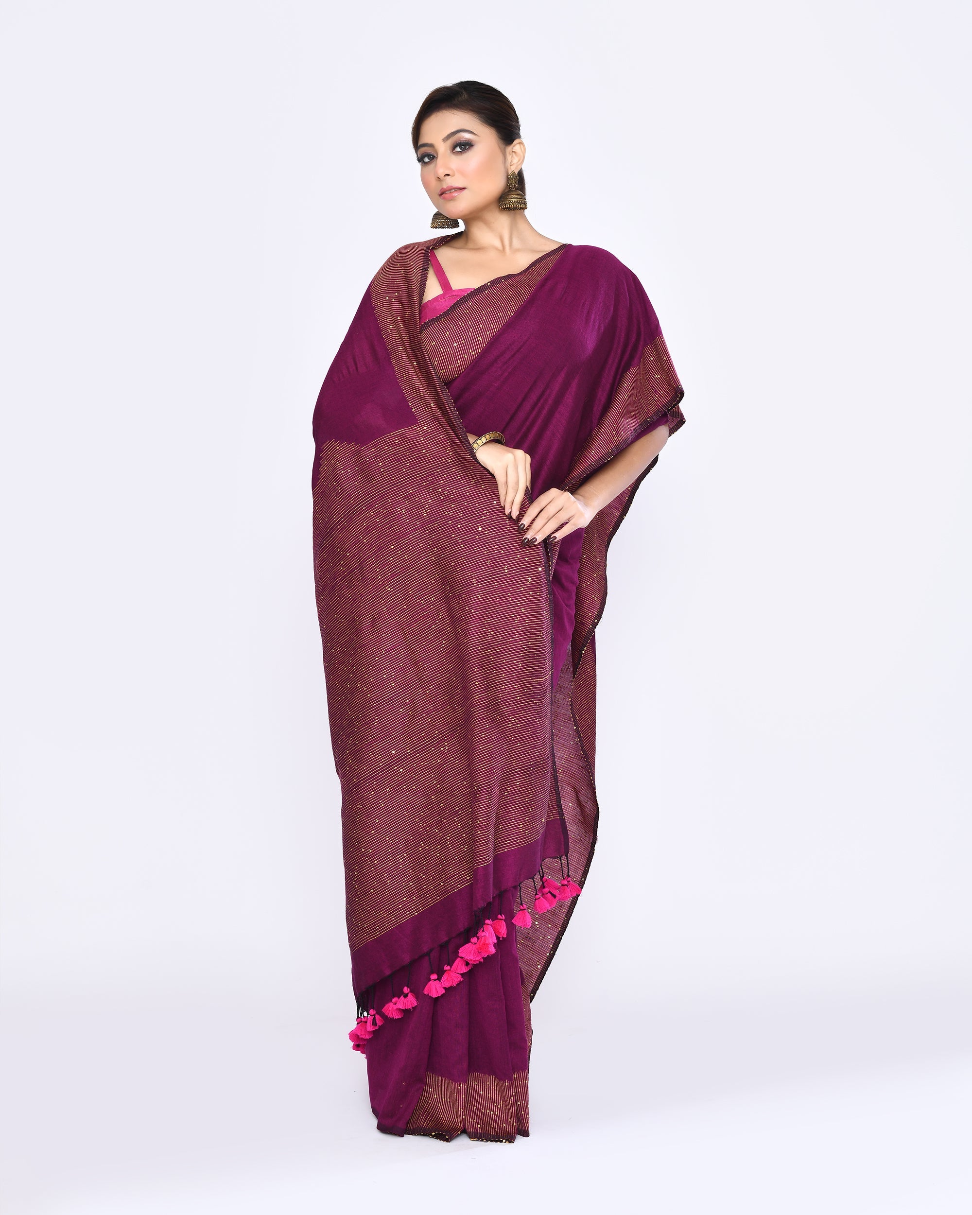 Magenta Embellished Sequined Cotton Saree
