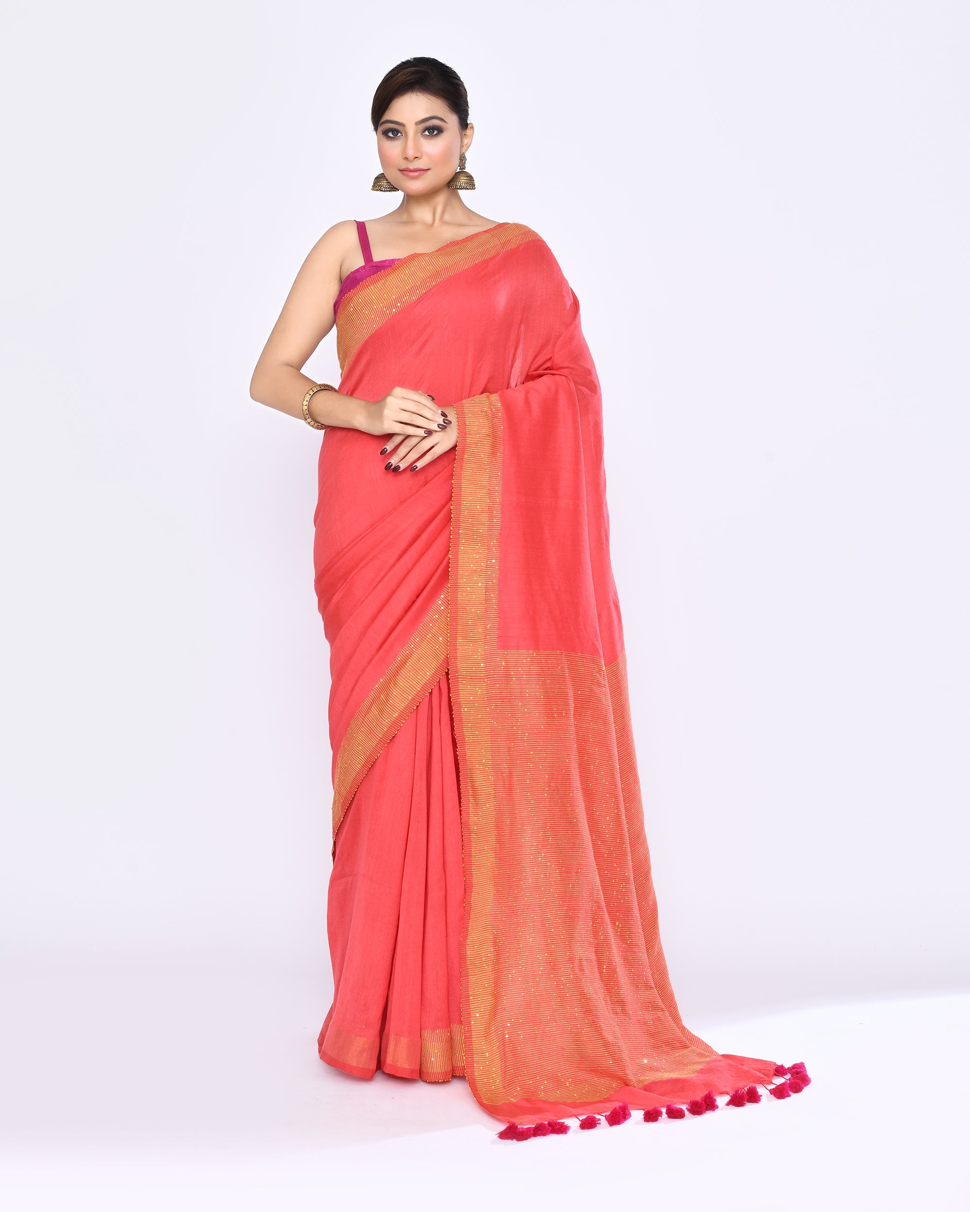 Tomato Red cotton saree with elegant sequin embellishments