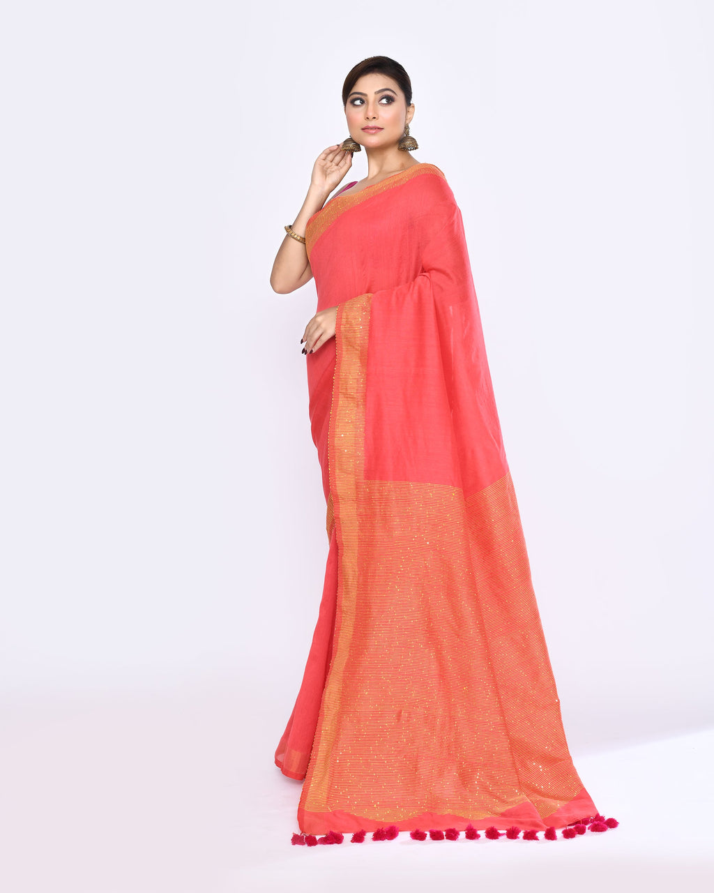Tomato Red Embellished Sequined Cotton Saree