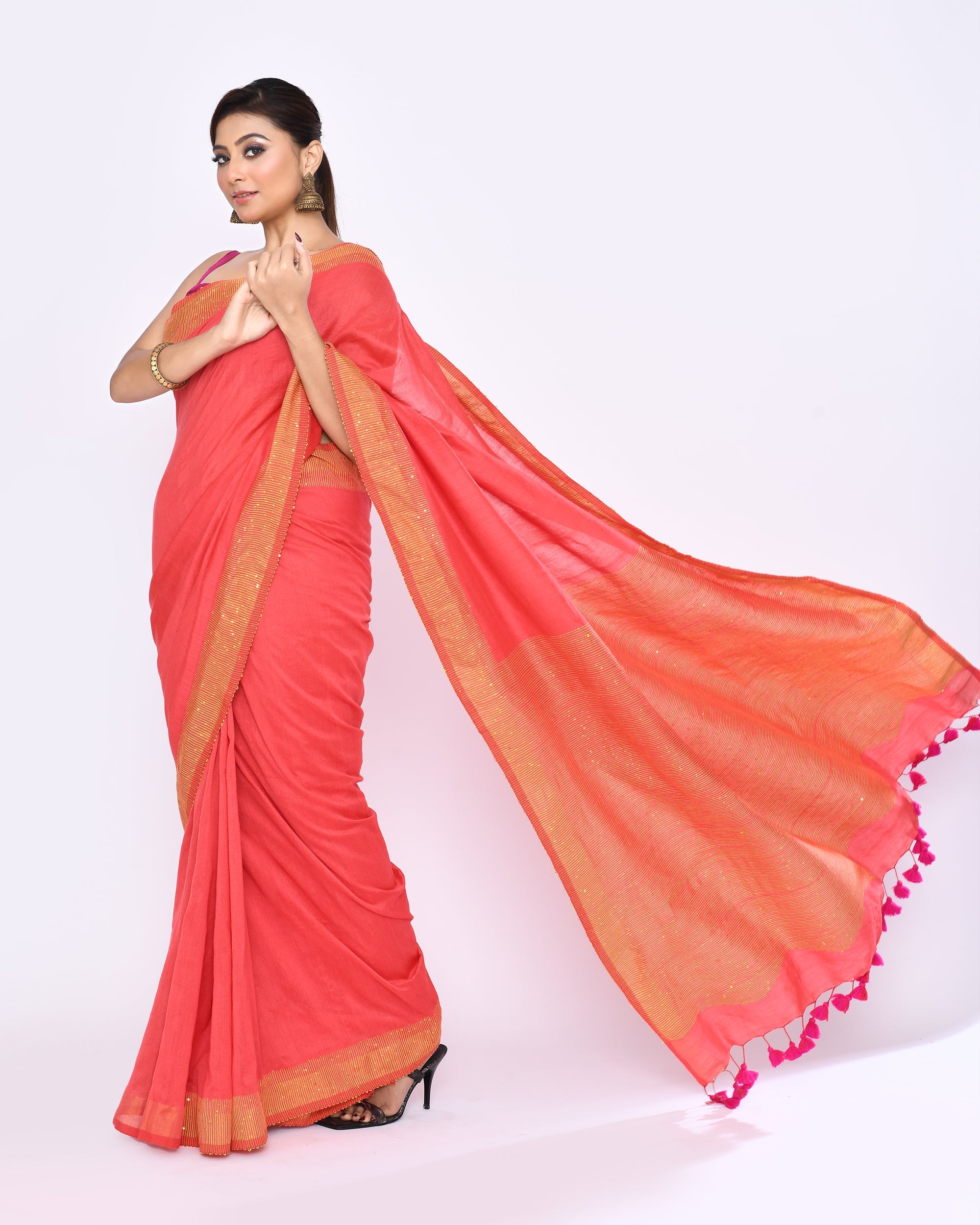 Tomato Red Embellished Sequined Cotton Saree