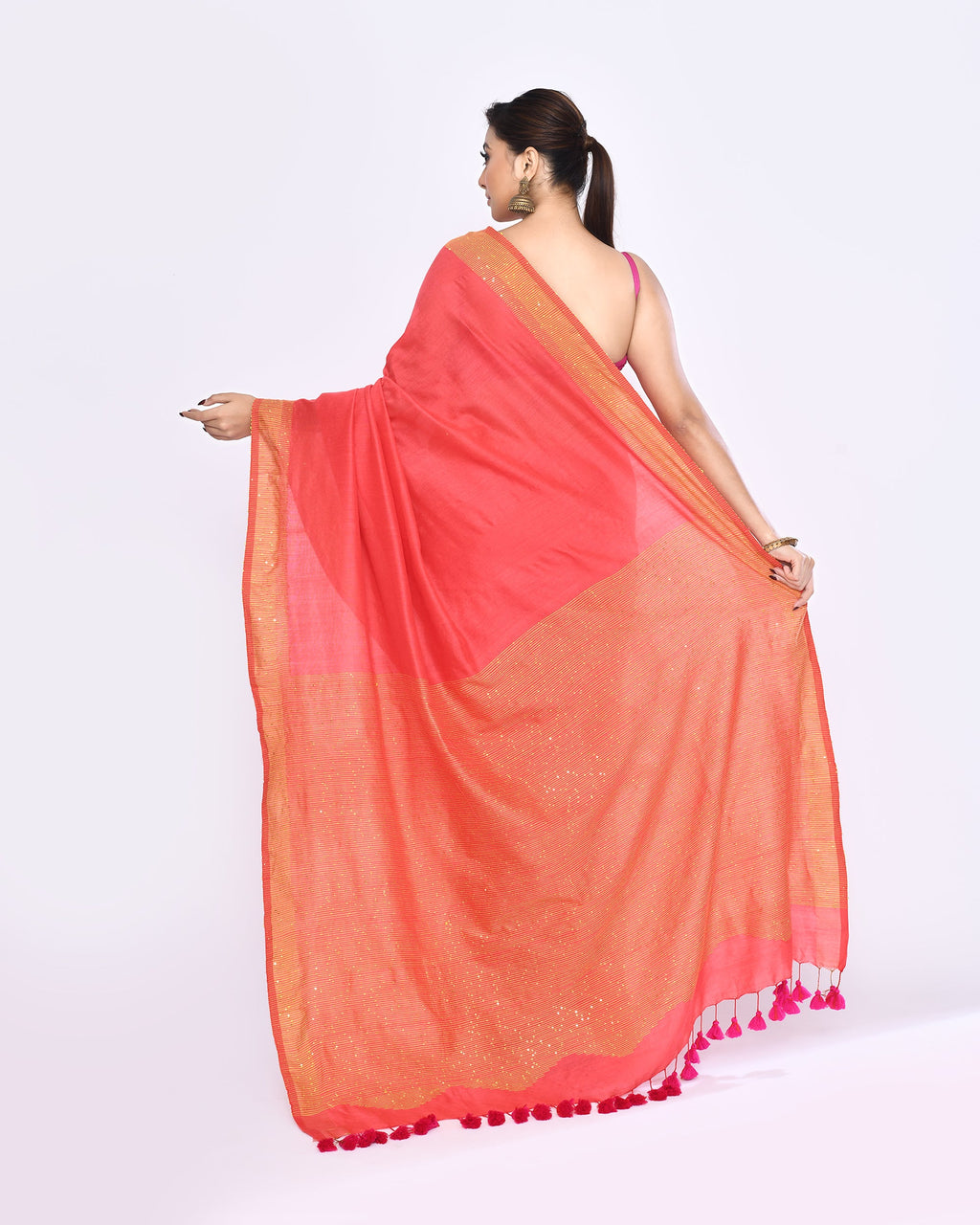 Tomato Red Embellished Sequined Cotton Saree
