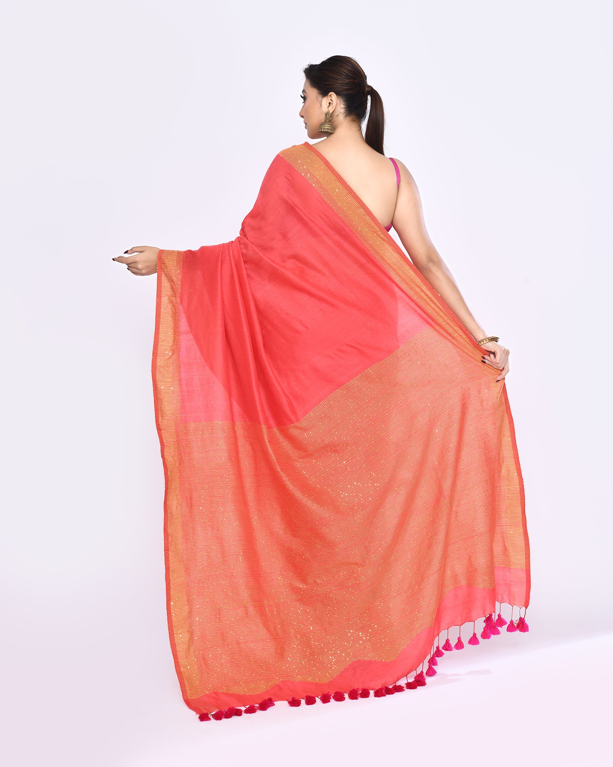 Tomato Red Embellished Sequined Cotton Saree