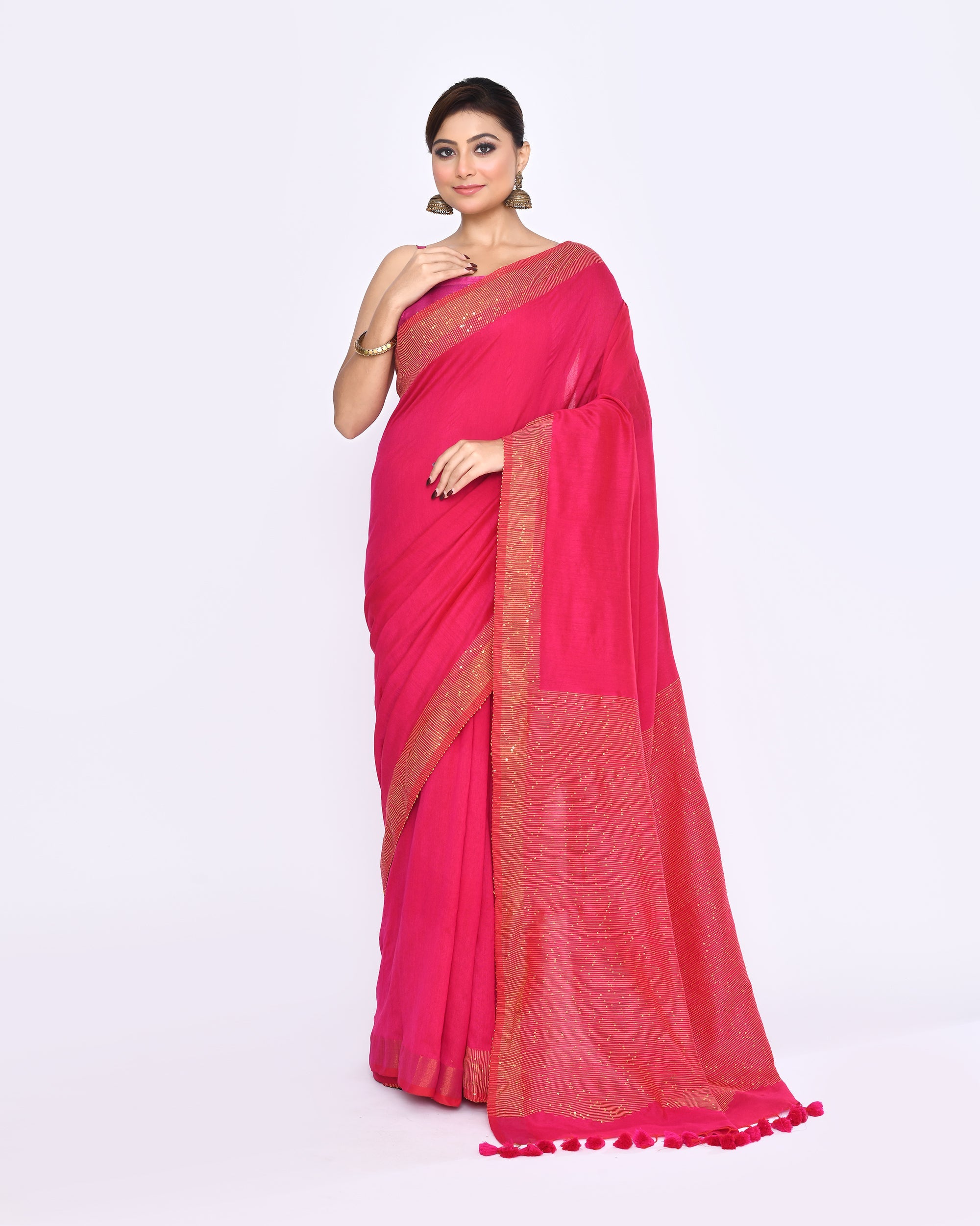Piyari Fashion Women's Rani Pink Embellished Sequined Cotton Saree