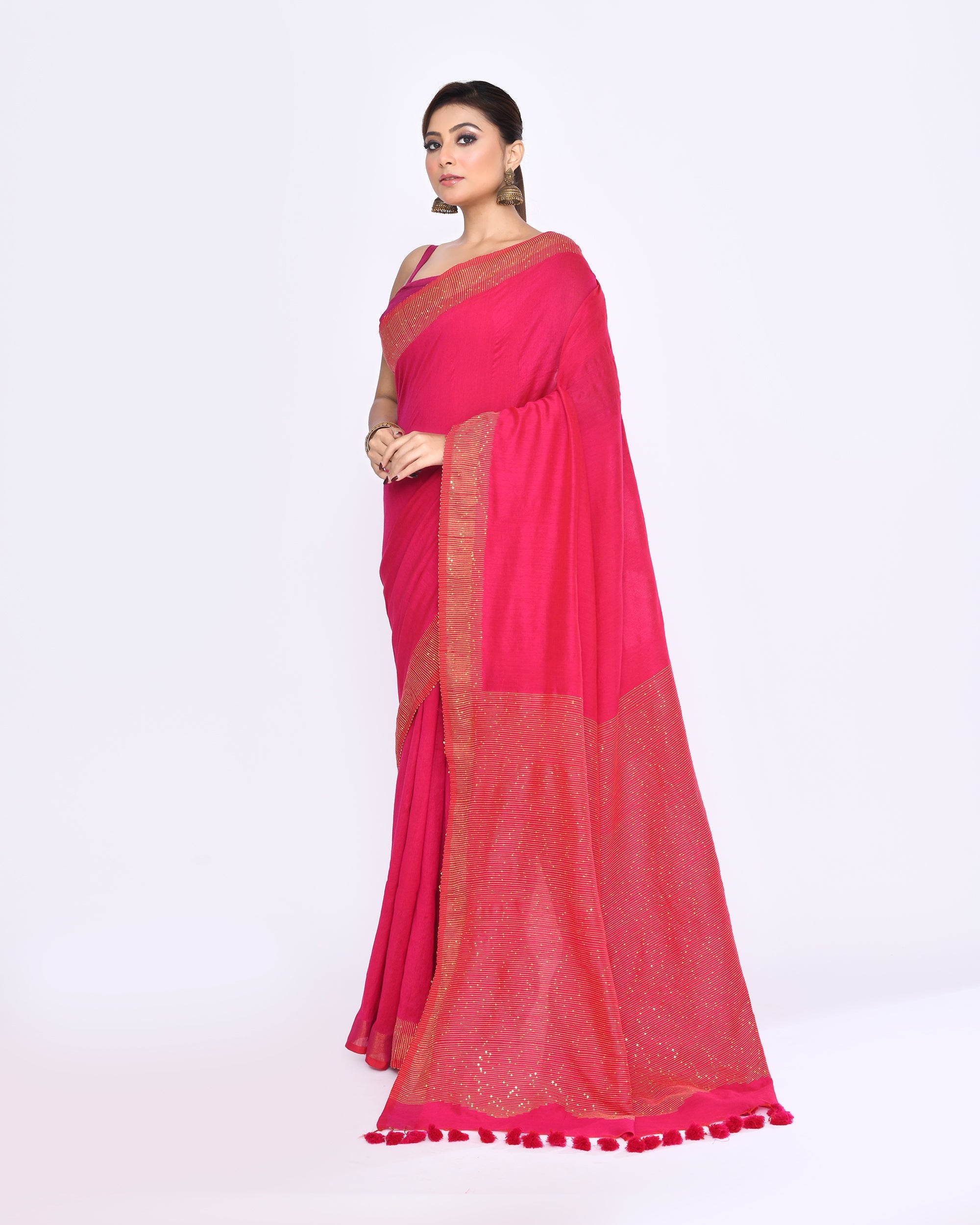 Piyari Fashion Women's Rani Pink Embellished Sequined Cotton Saree