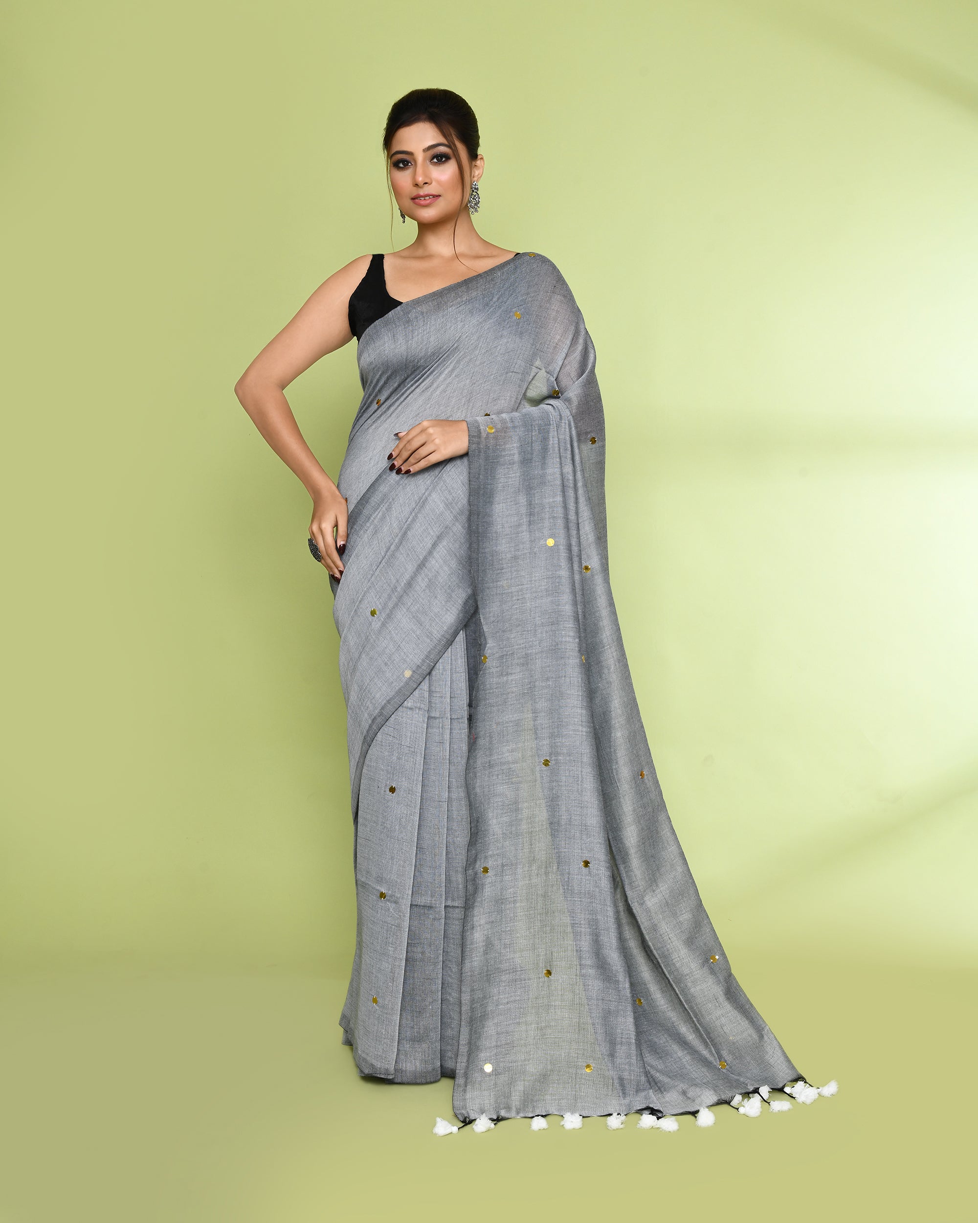 Silver Grey cotton saree with sequin embellishments