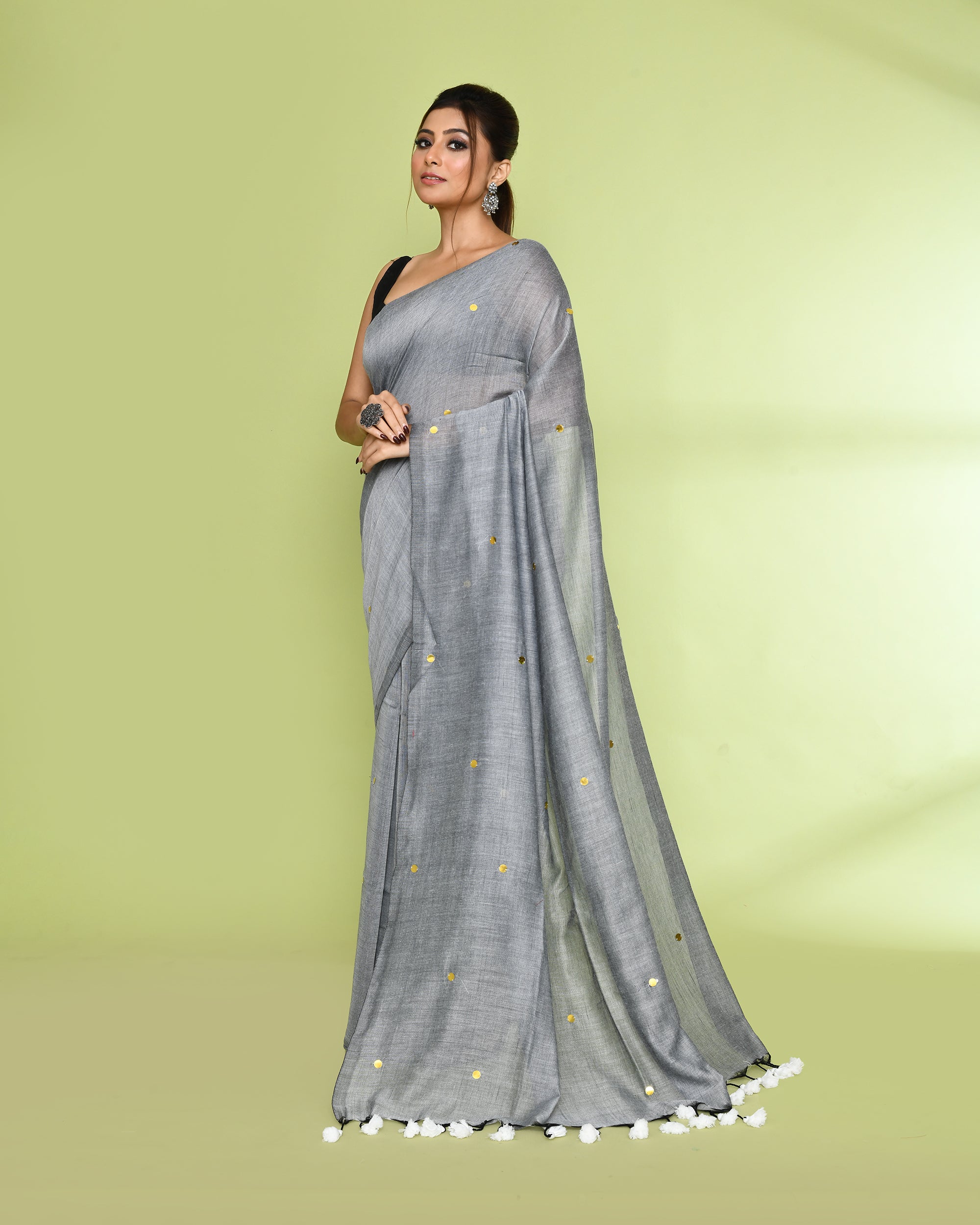 Silver Grey Embellished Sequined Cotton Saree