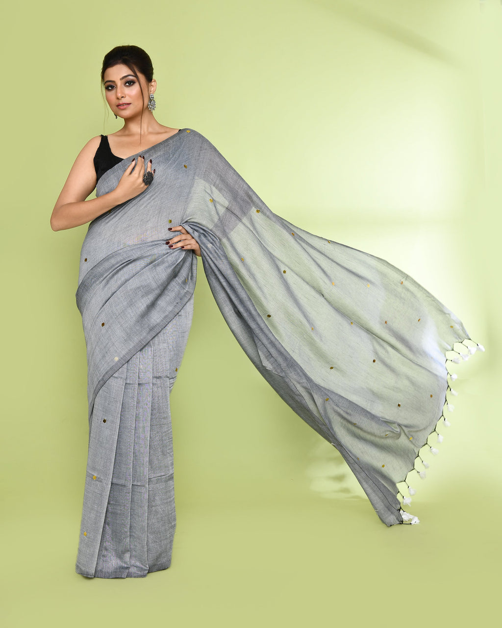 Silver Grey Embellished Sequined Cotton Saree