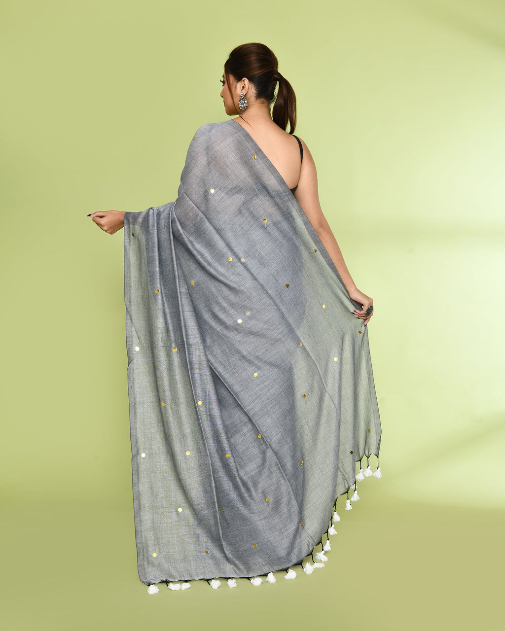 Silver Grey Embellished Sequined Cotton Saree