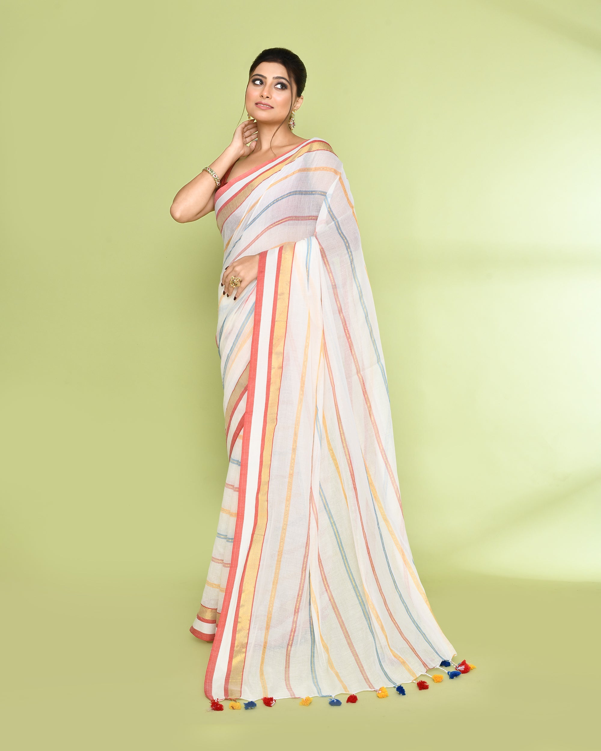 White Embellished Checked Cotton Saree for Women