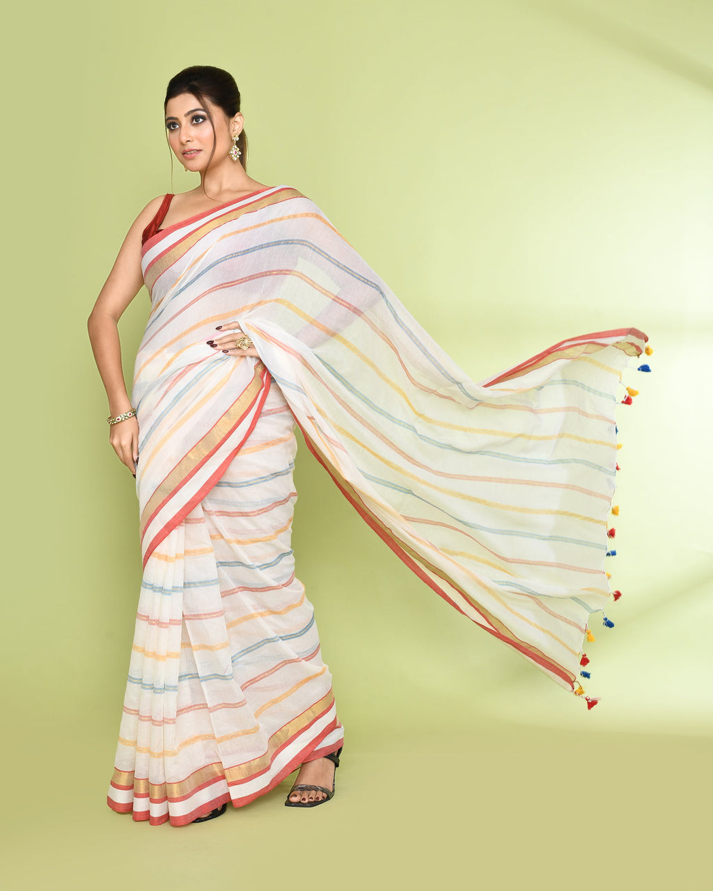 White Embellished Checked Cotton Saree for Women
