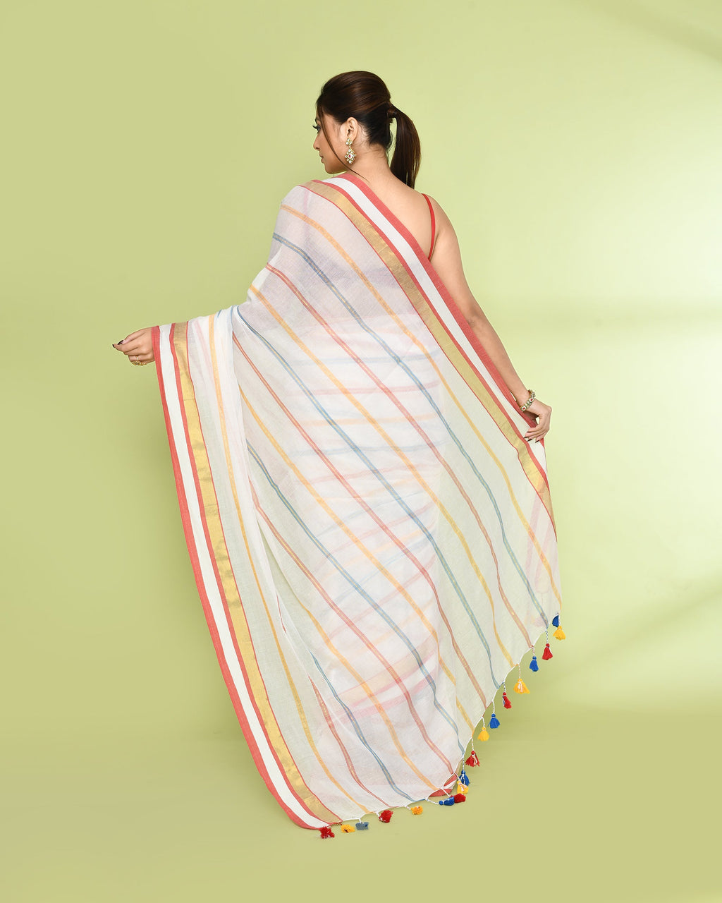White Embellished Checked Cotton Saree for Women