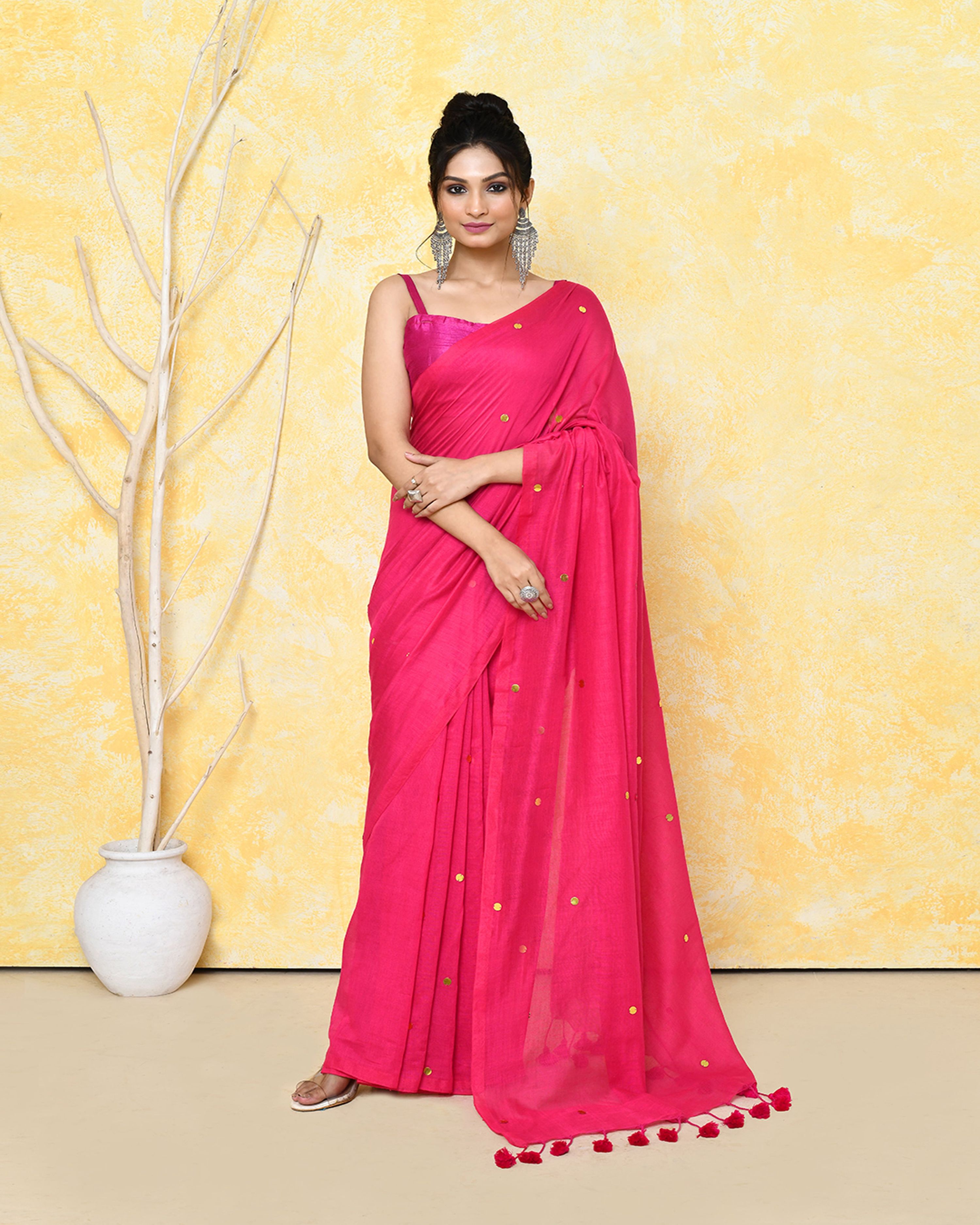 Soft pink pure cotton saree adorned with elegant sequin work, includes a matching blouse piece.