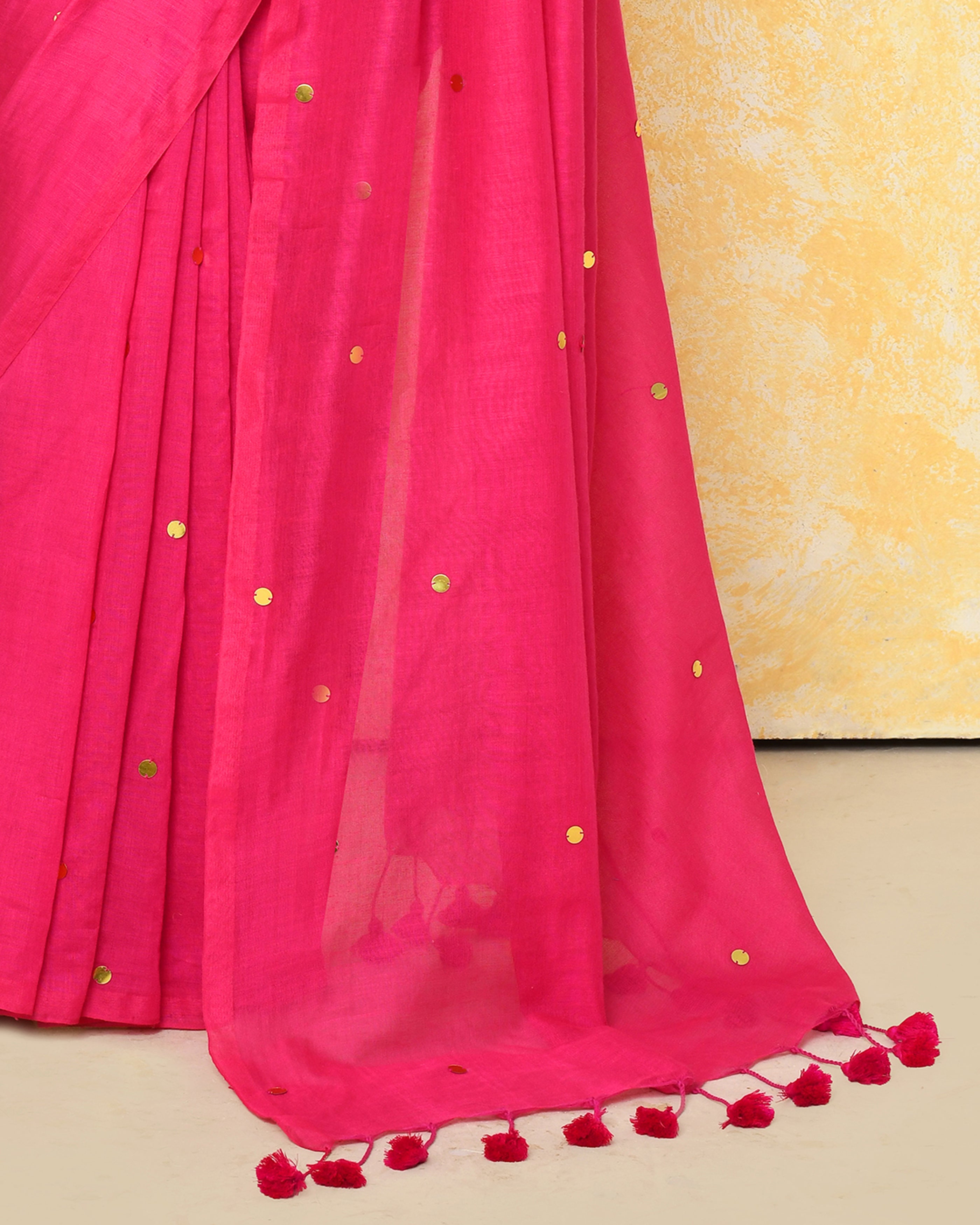 Pink Sequin Work Soft Pure Cotton Saree with Blouse Piece