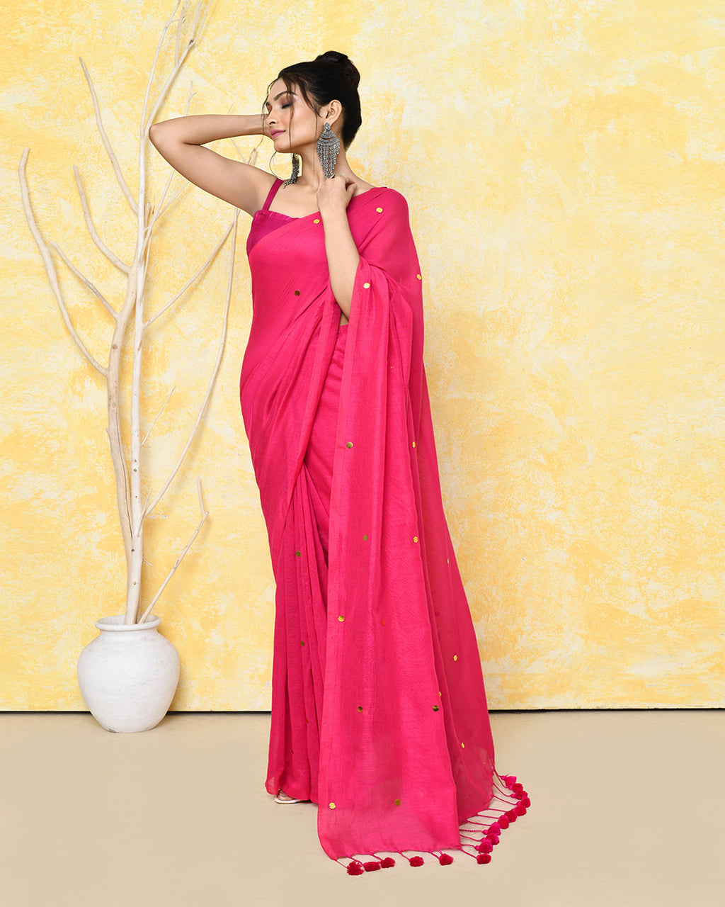 Pink Sequin Work Soft Pure Cotton Saree with Blouse Piece