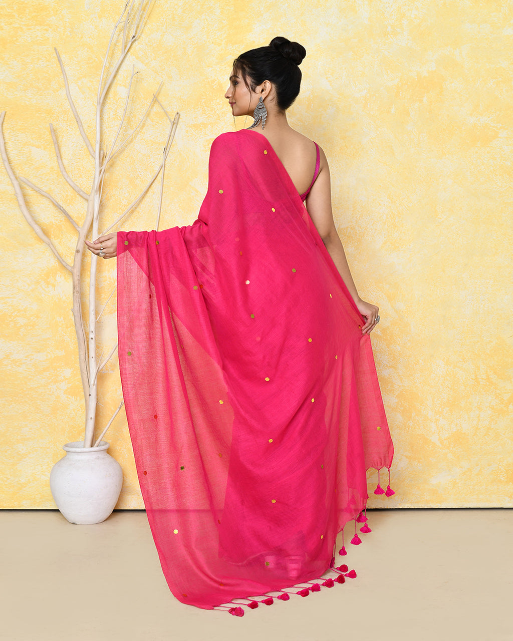 Pink Sequin Work Soft Pure Cotton Saree with Blouse Piece