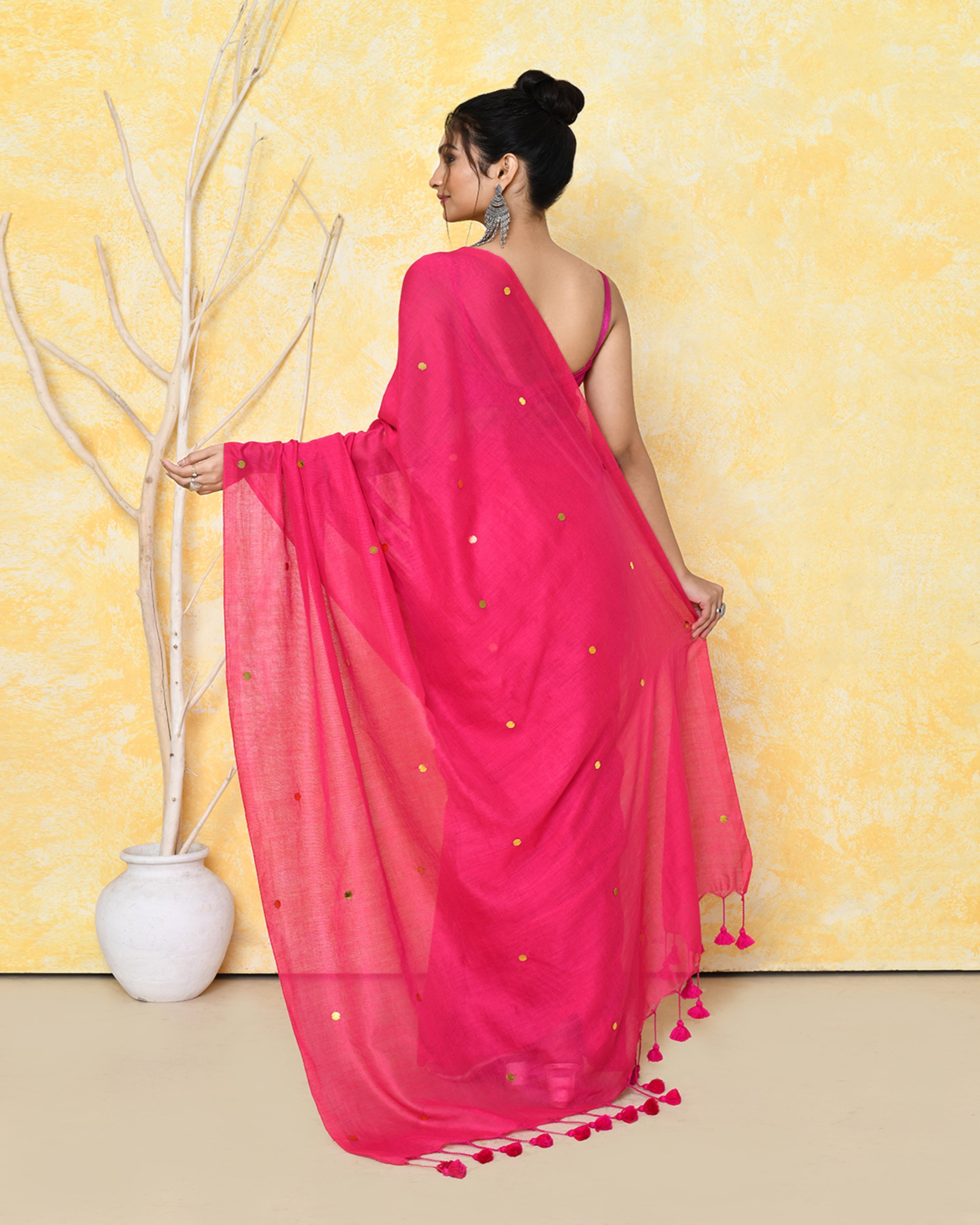Pink Sequin Work Soft Pure Cotton Saree with Blouse Piece