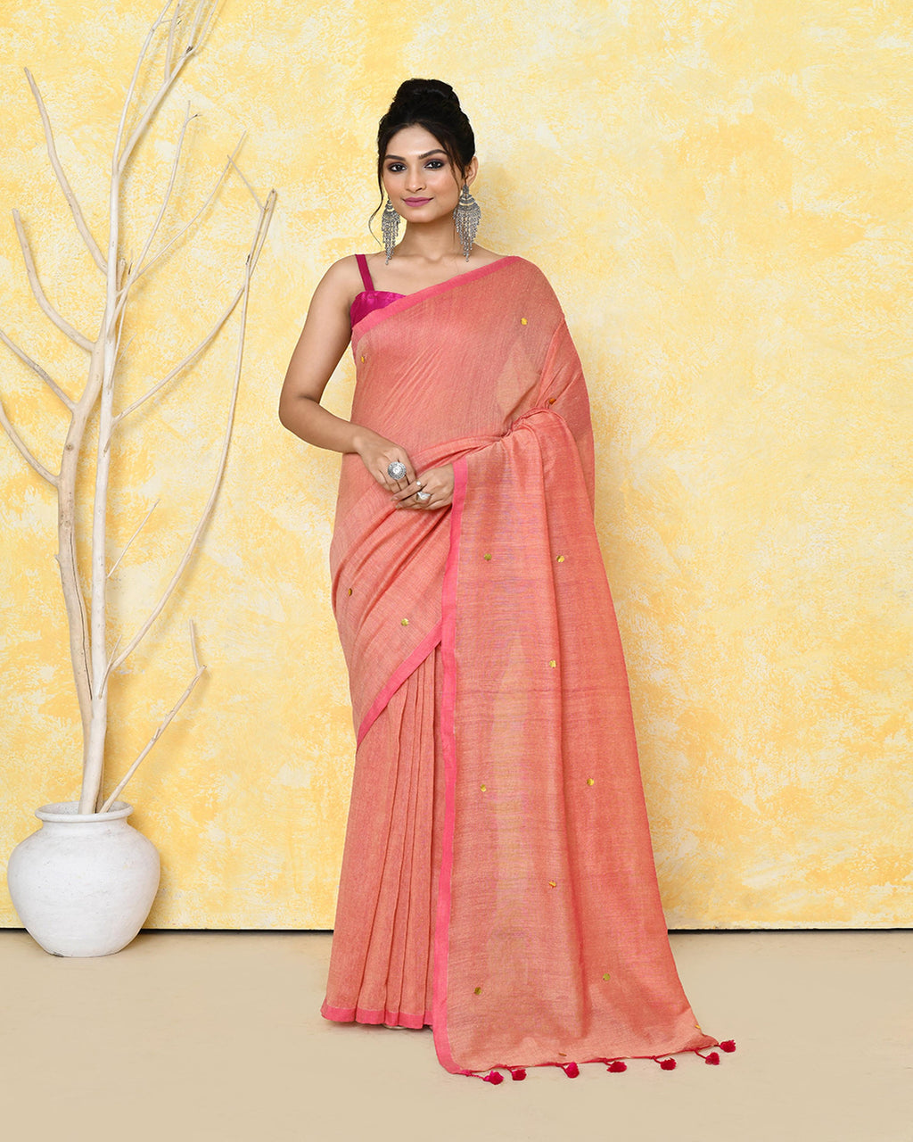 Peach pure cotton saree with sequin detailing and matching blouse piece