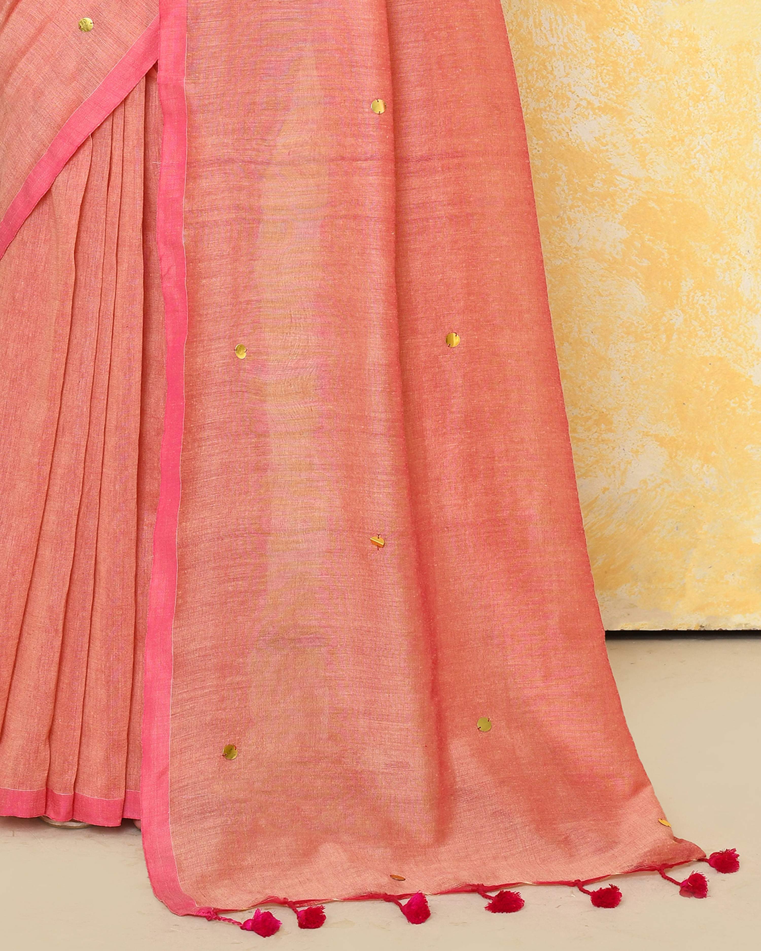 Peach Sequin Work Pure Cotton Saree with Blouse Piece