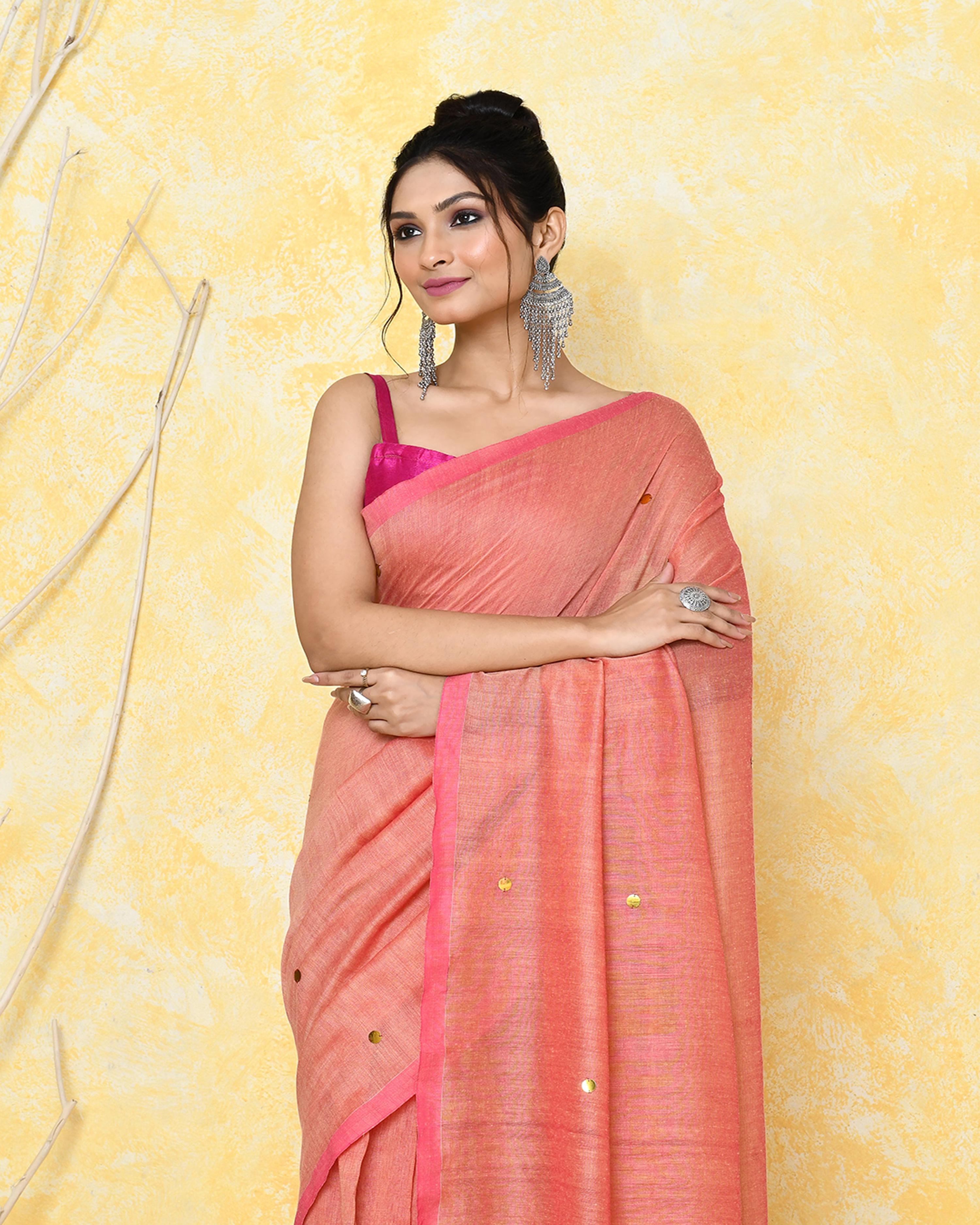Peach Sequin Work Pure Cotton Saree with Blouse Piece
