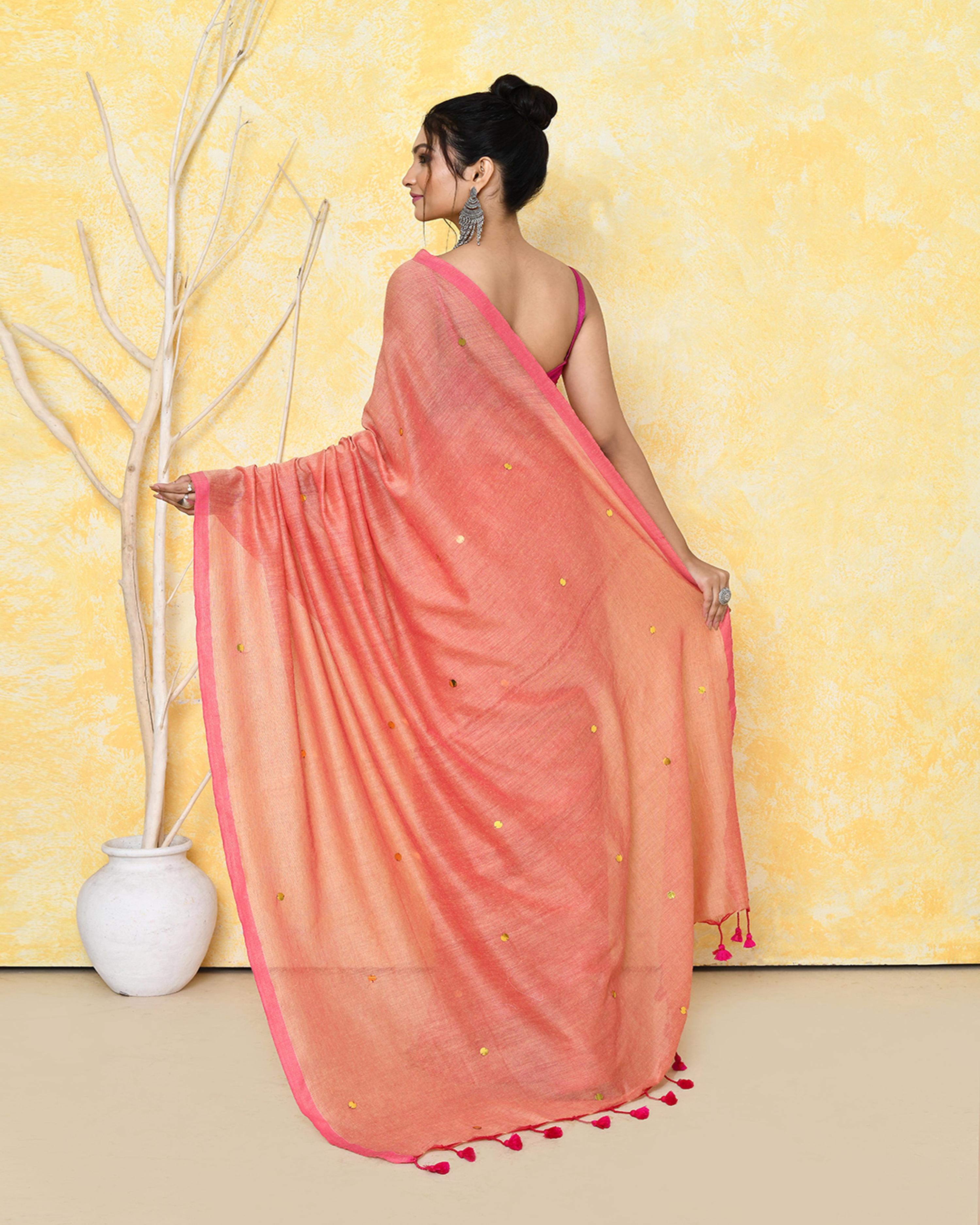 Peach Sequin Work Pure Cotton Saree with Blouse Piece