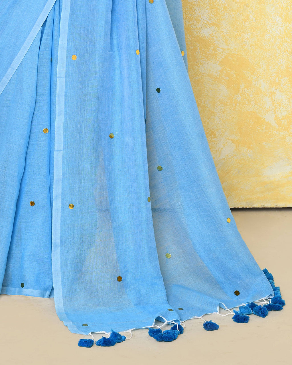 Sky Blue Sequin Work Cotton Saree with Matching Blouse Piece