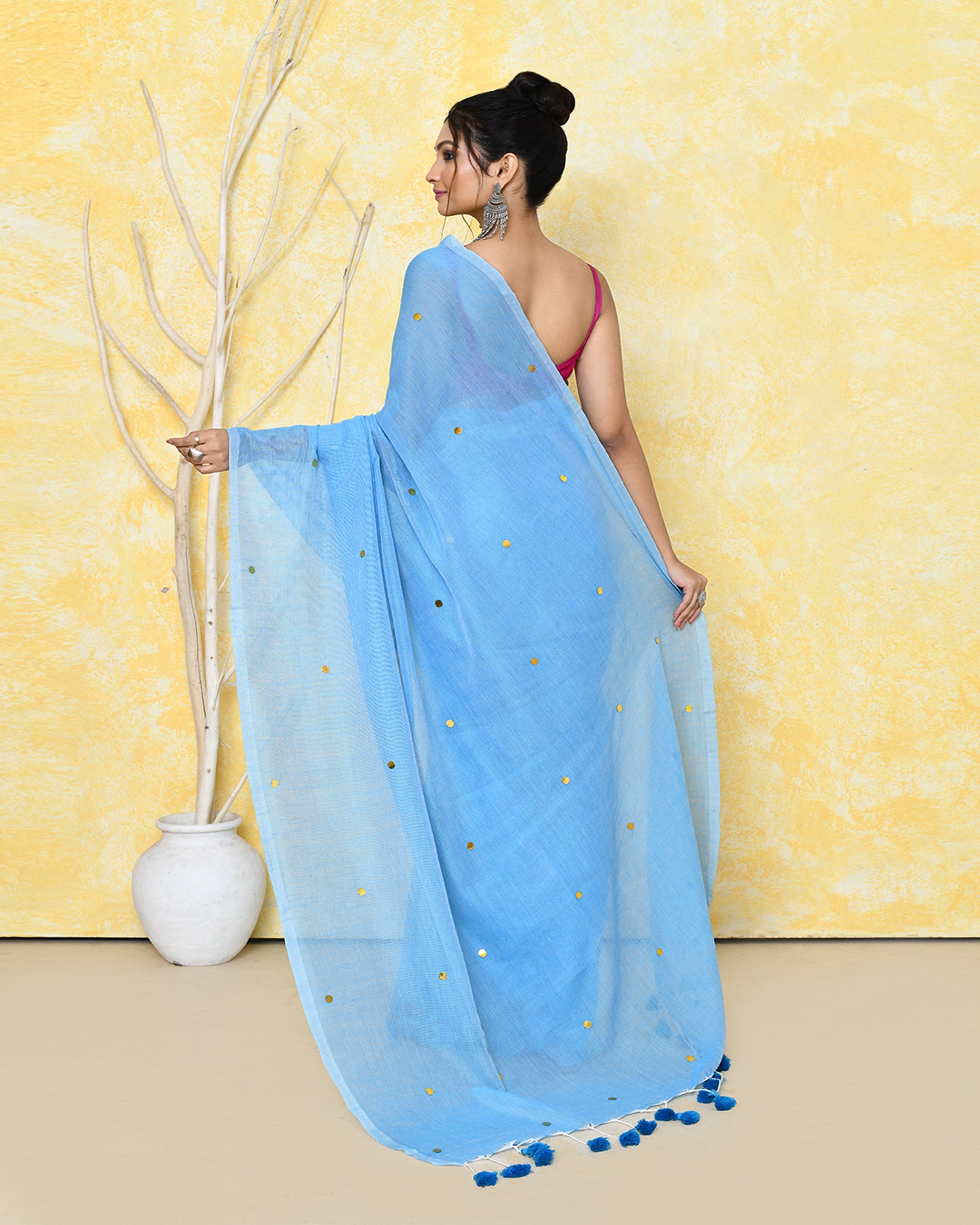 Sky Blue Sequin Work Cotton Saree with Matching Blouse Piece