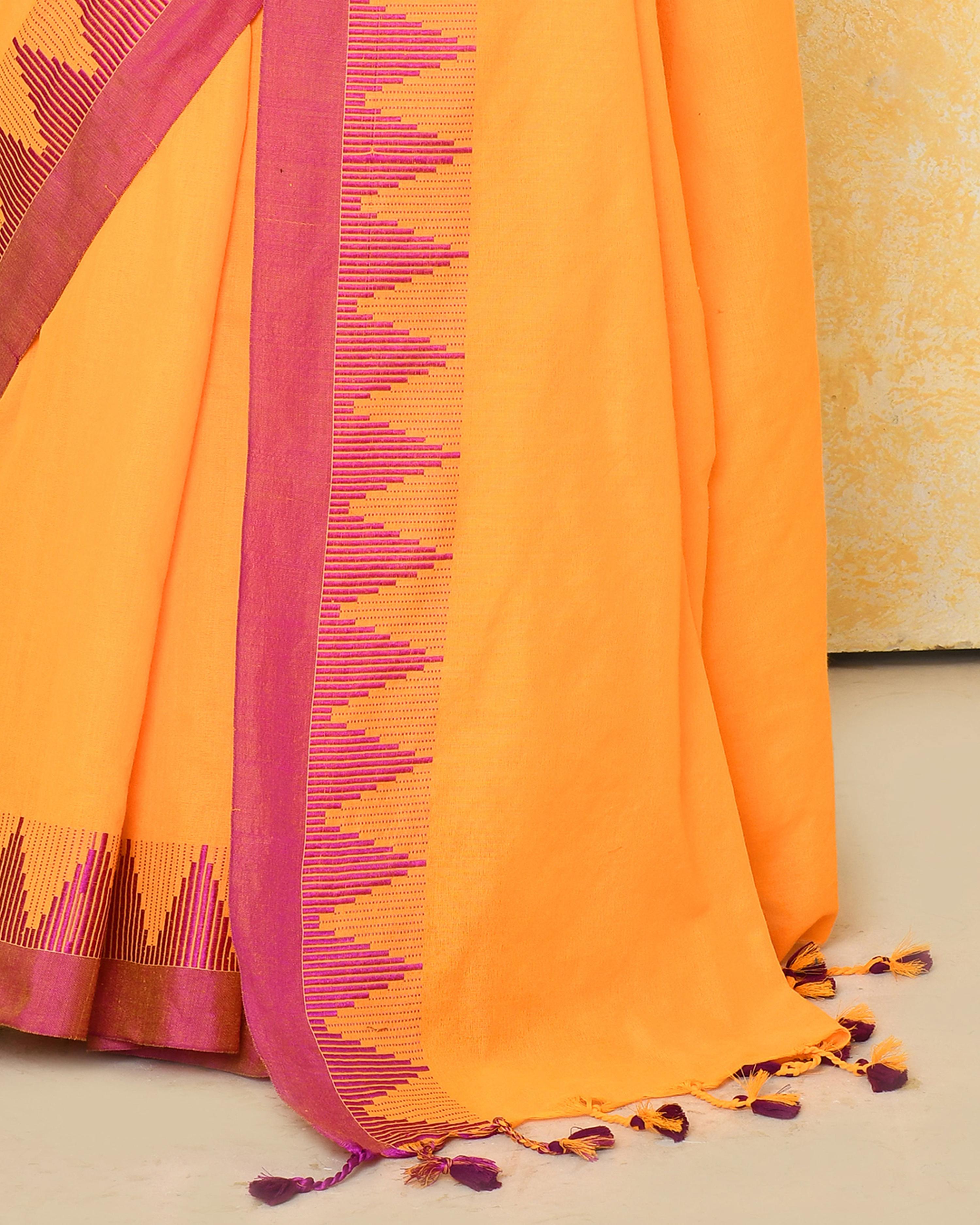 Piyari Fashion Women's Mustard Yellow Hand Work Cotton Saree With Blouse Piece