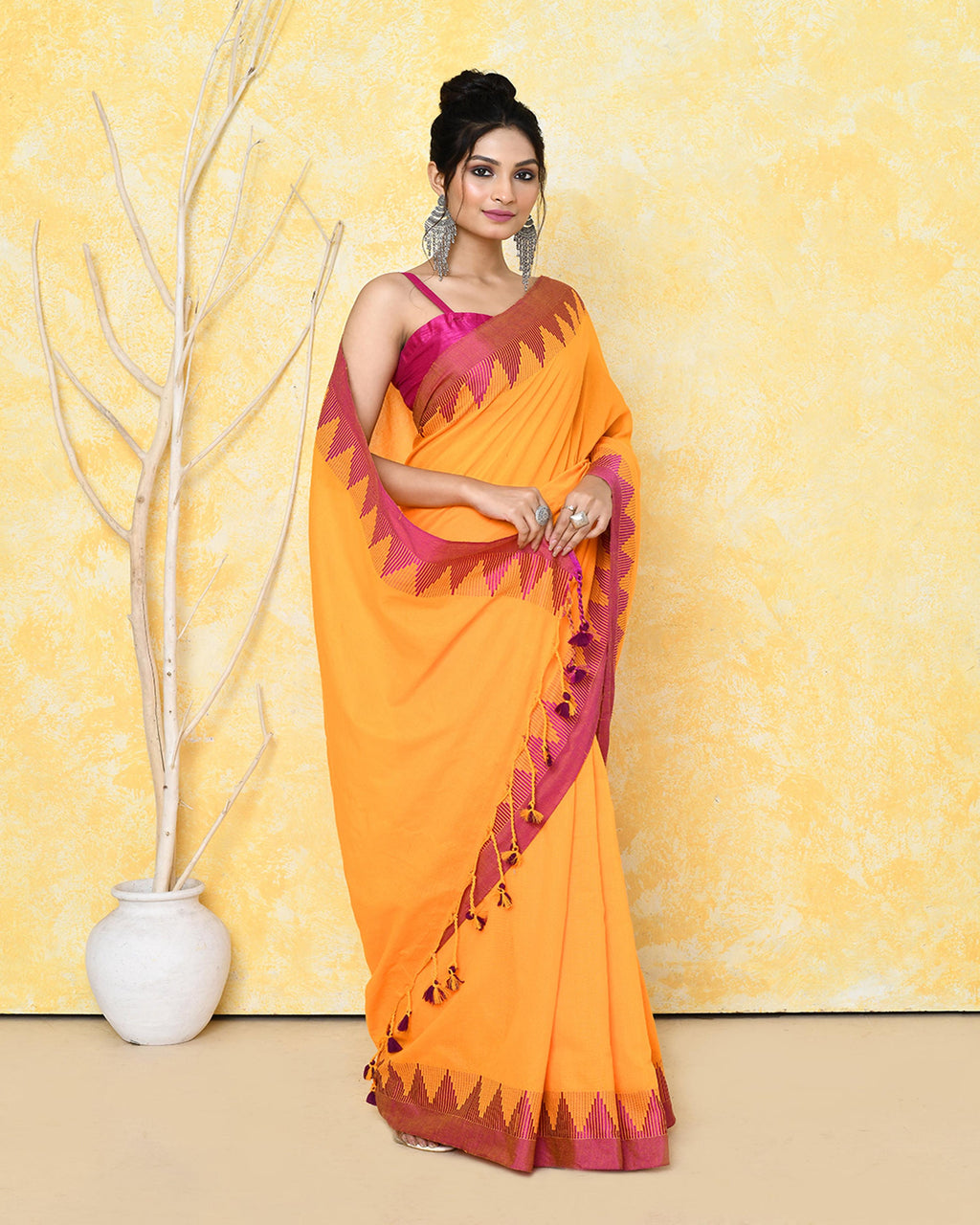 Piyari Fashion Women's Mustard Yellow Hand Work Cotton Saree With Blouse Piece