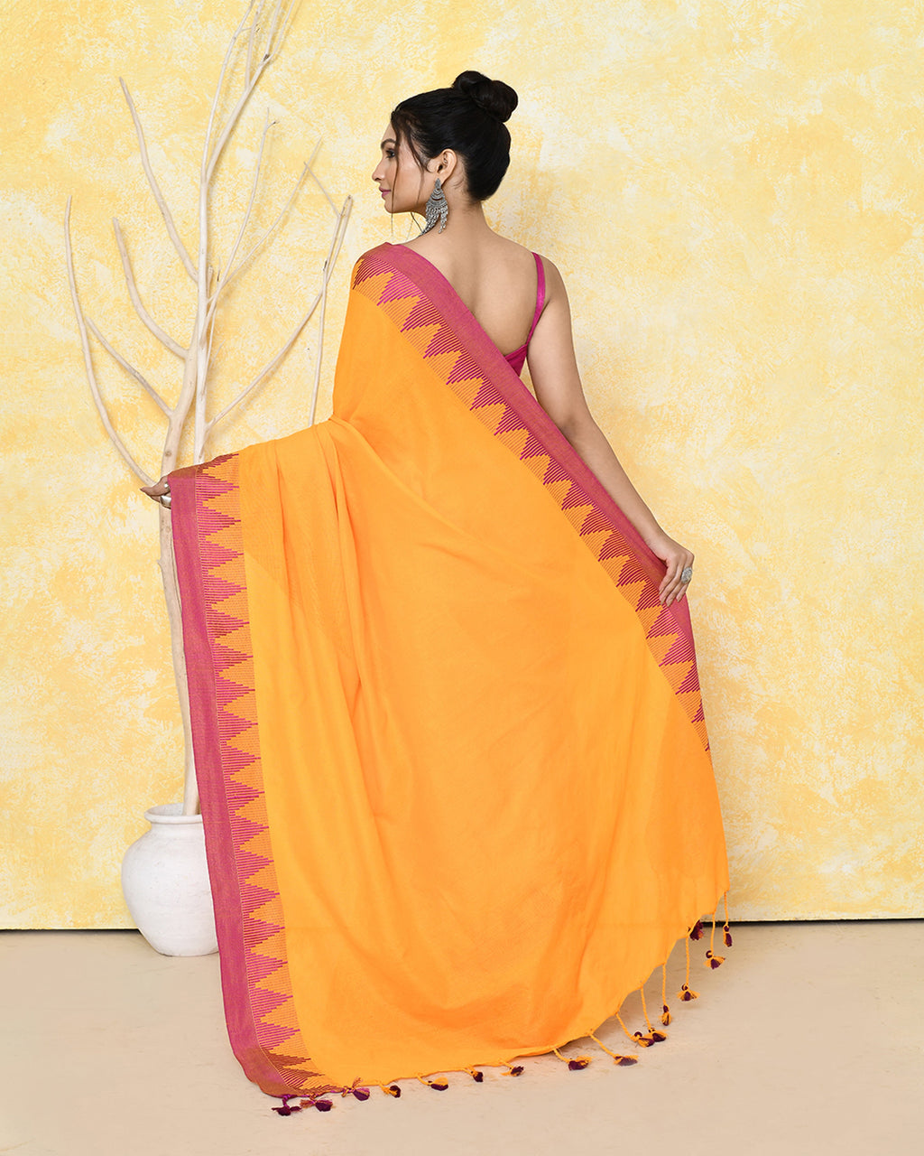 Piyari Fashion Women's Mustard Yellow Hand Work Cotton Saree With Blouse Piece