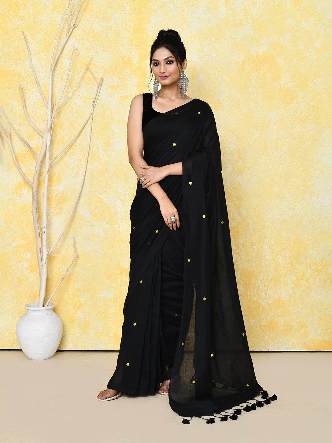 Elegant black pure cotton saree with shimmering sequin embellishments