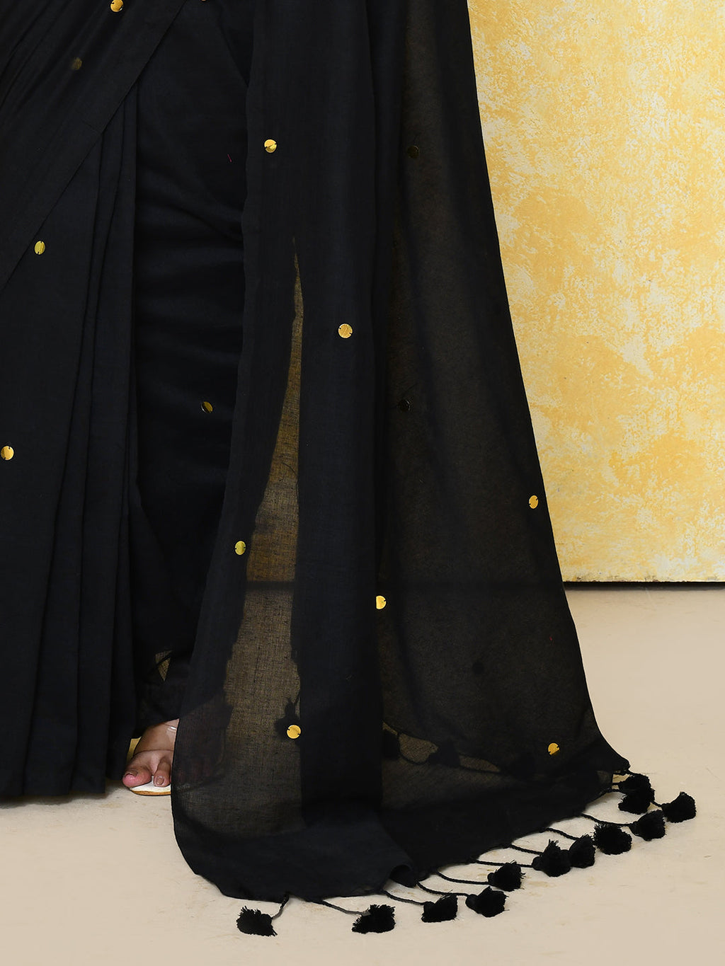 Black Sequin Work Soft Pure Cotton Saree with Blouse Piece