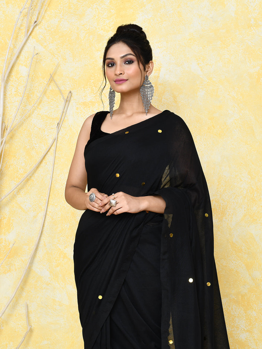 Black Sequin Work Soft Pure Cotton Saree with Blouse Piece