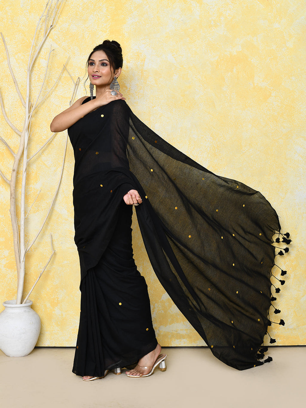 Black Sequin Work Soft Pure Cotton Saree with Blouse Piece