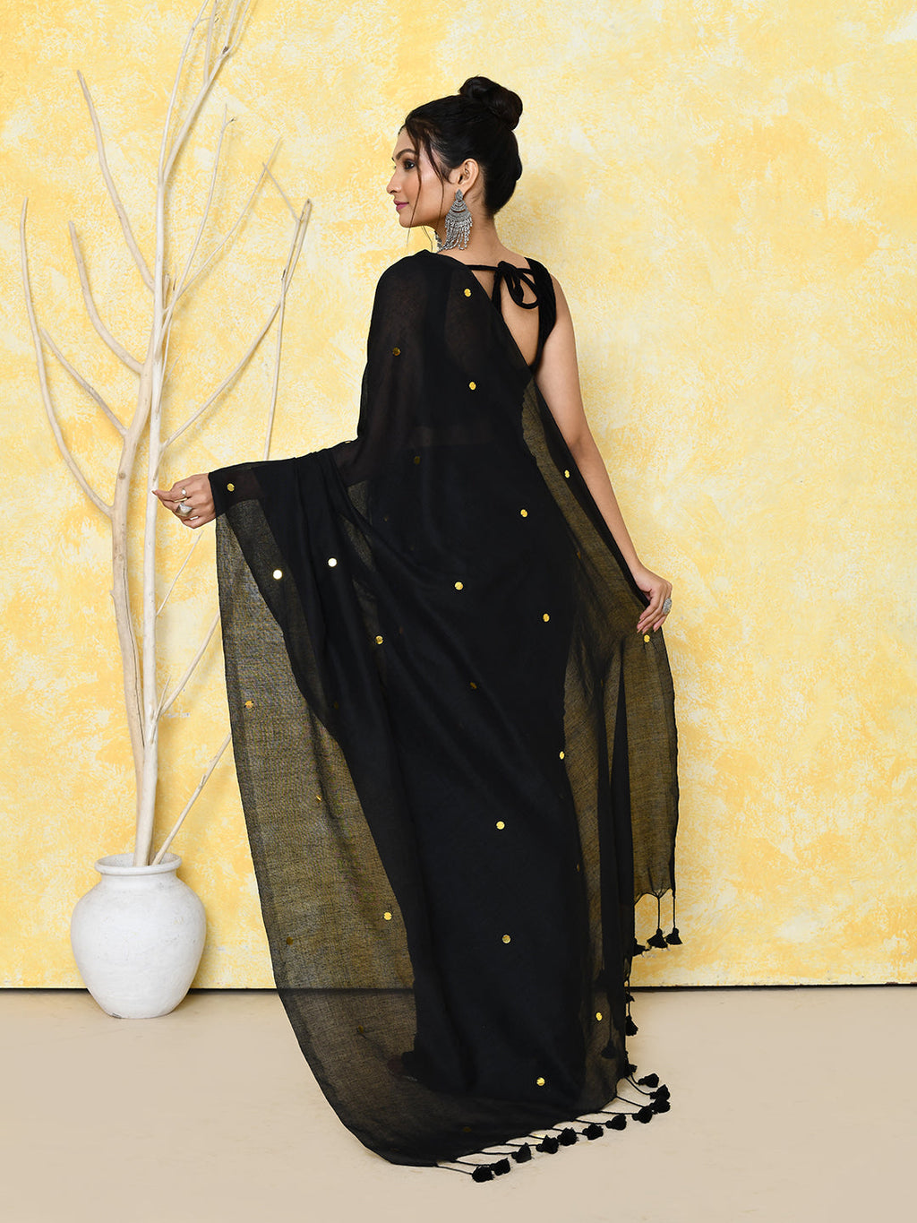 Black Sequin Work Soft Pure Cotton Saree with Blouse Piece
