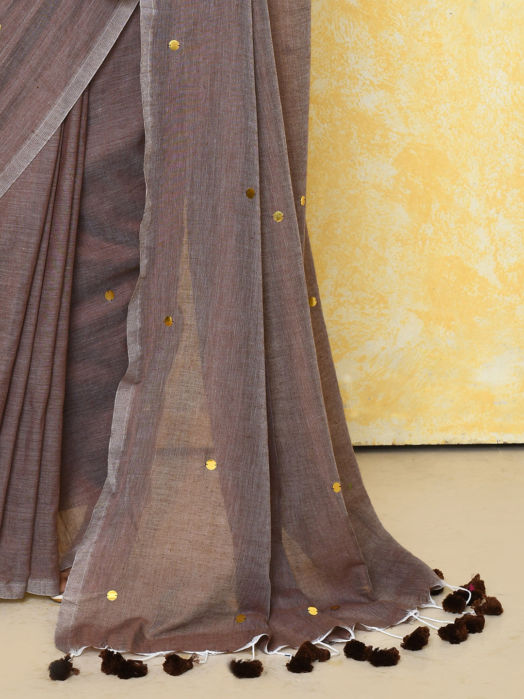 Mocha Sequin Work Pure Cotton Saree with Blouse Piece