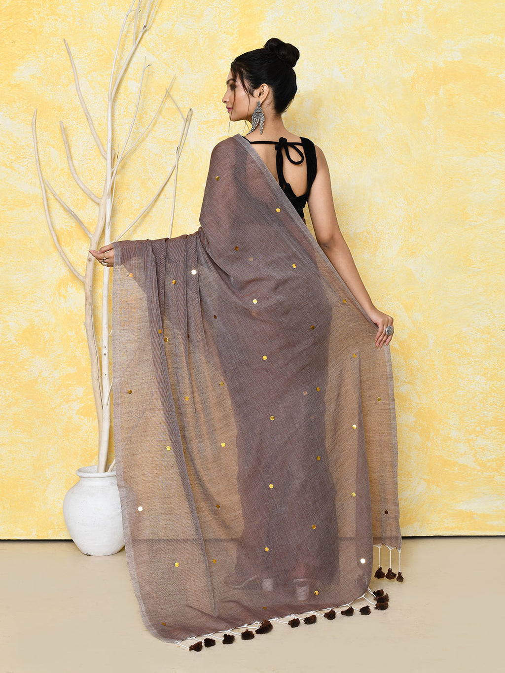 Mocha Sequin Work Pure Cotton Saree with Blouse Piece