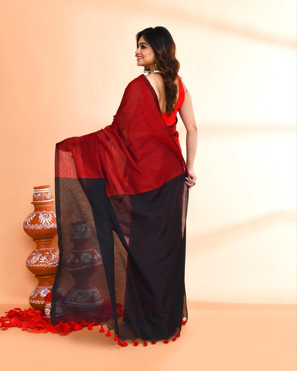 Handspun Cotton Red Handloom Saree with Matching Blouse