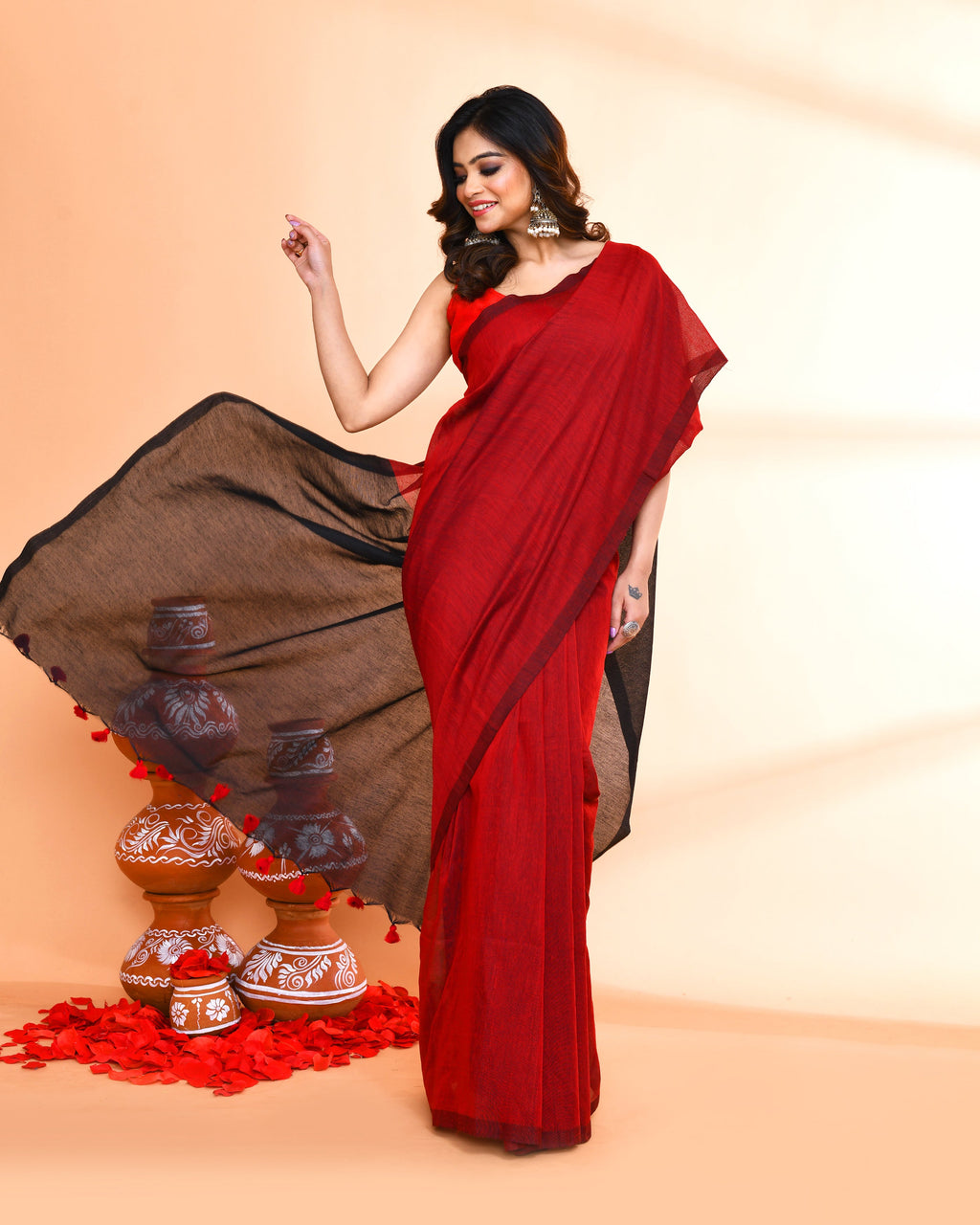 Handspun Cotton Red Handloom Saree with Matching Blouse